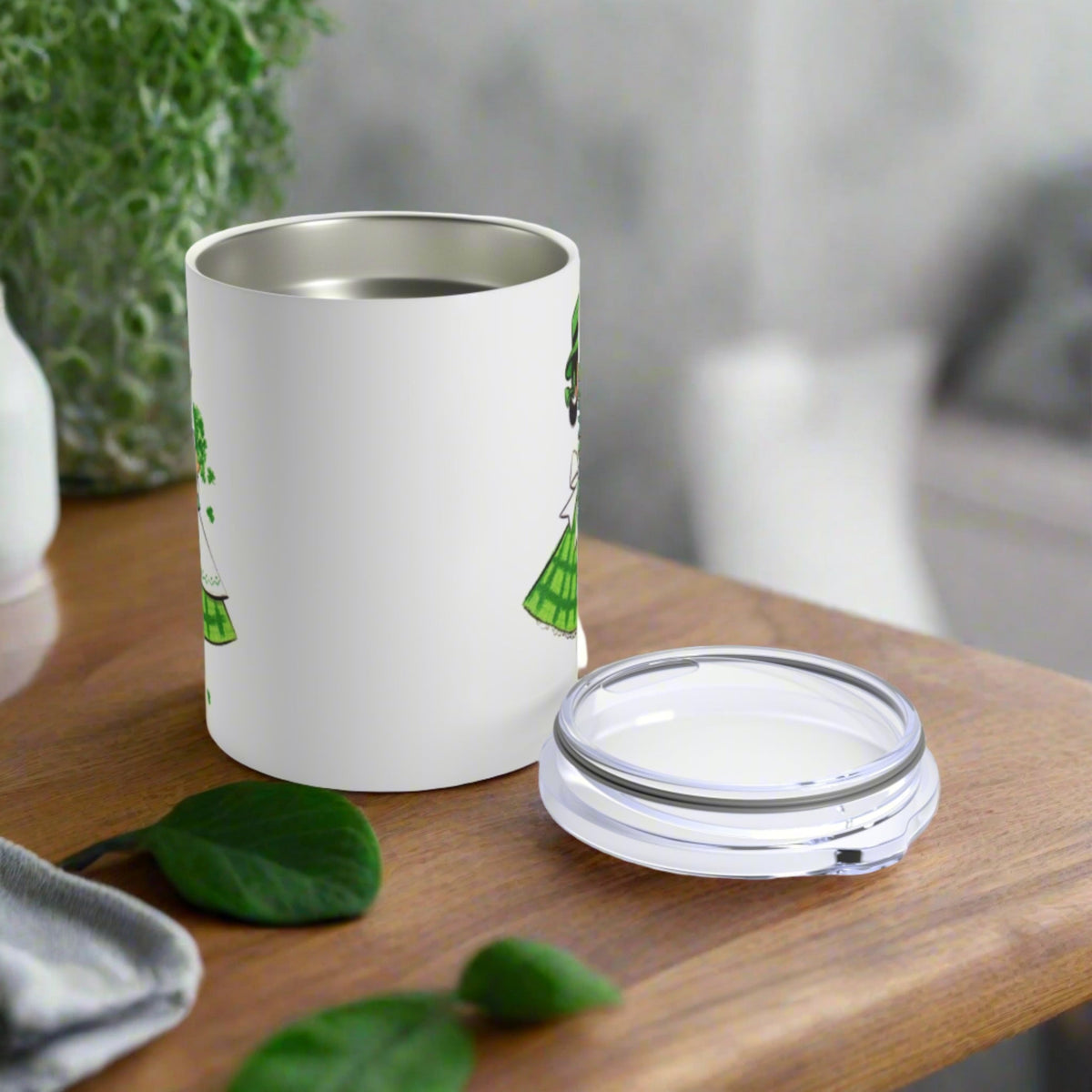 St. Patrick's Day Mug, Retro Mid Century Girl With Four Leaf Clovers St. Patrick's Day Stainless Steel Tumbler 10oz