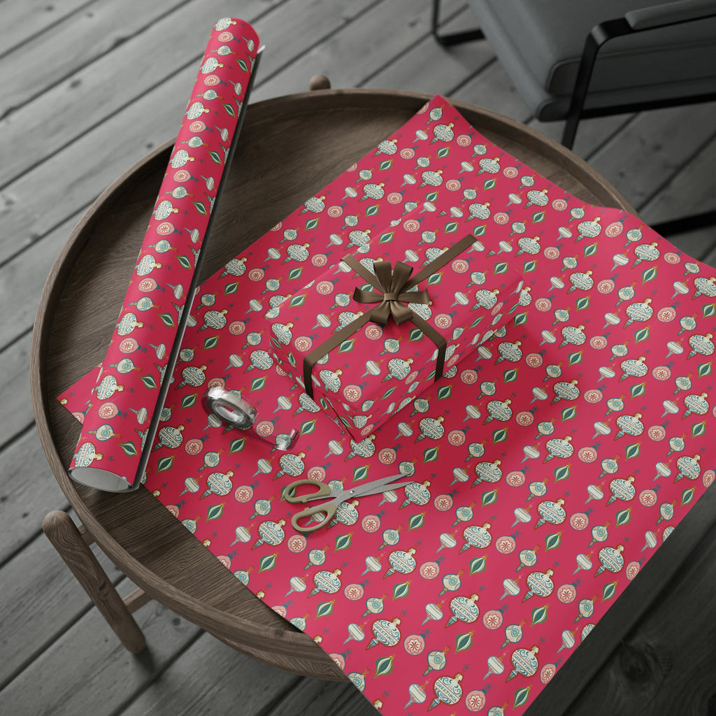 Greetings Christmas Ornaments Pink Retro Style Christmas Holiday Gift Wrap Paper - Glossy Or Matte