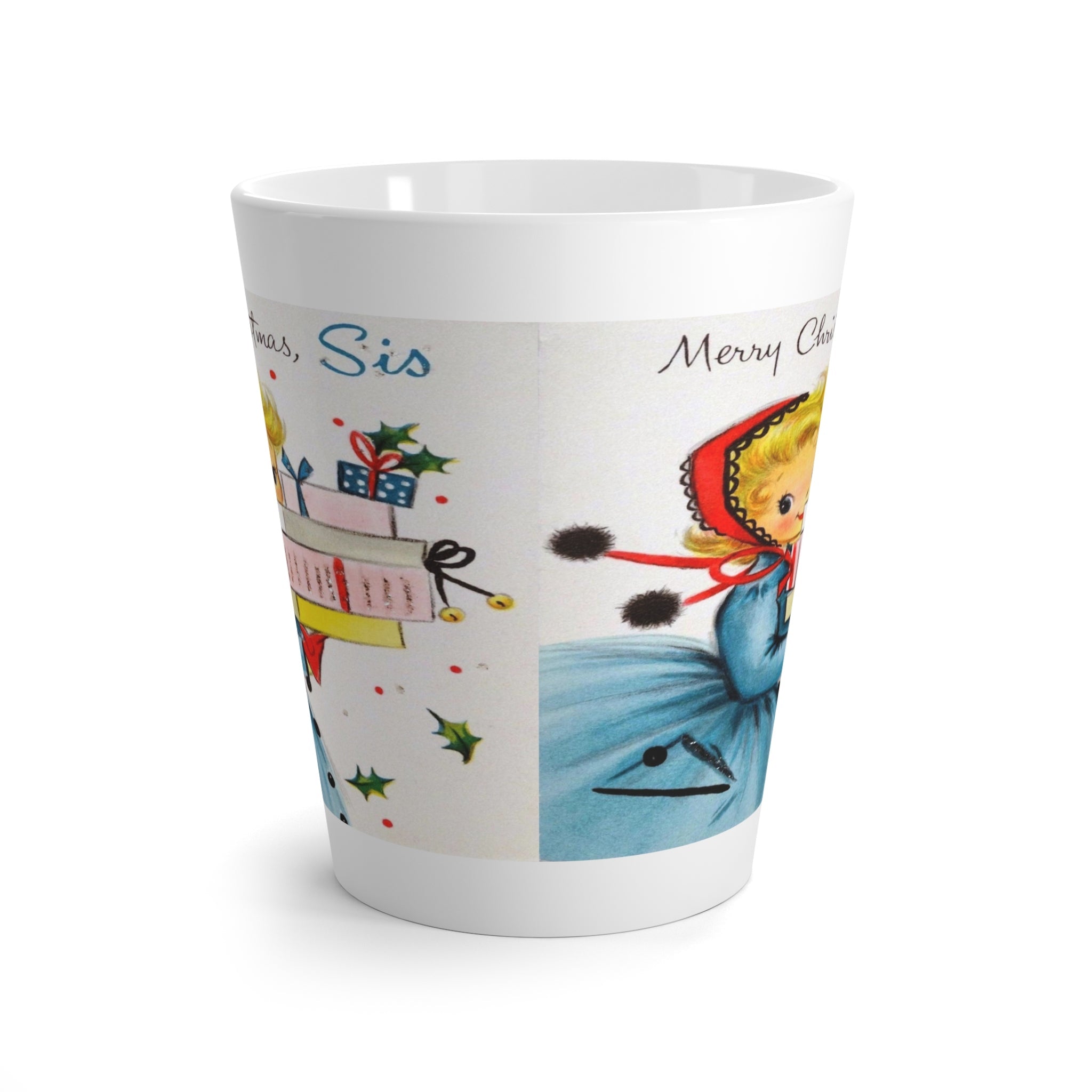 Merry Christmas Sis Christmas Lady Holding Presents Mid Century Retro Christmas Print Latte Coffee Mug