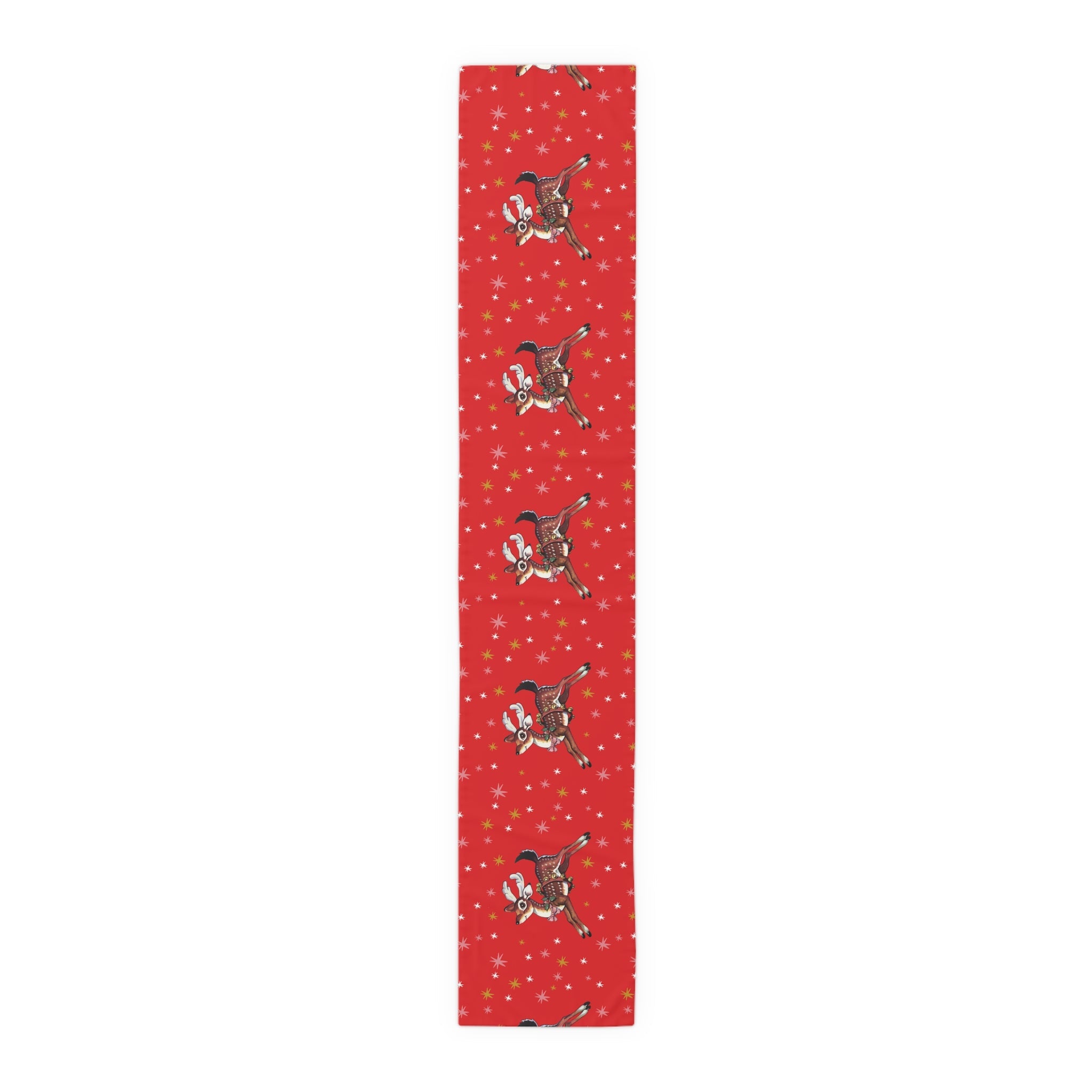Leaping Reindeer Stars Red Midcentury Retro Christmas Polyester Table Runner