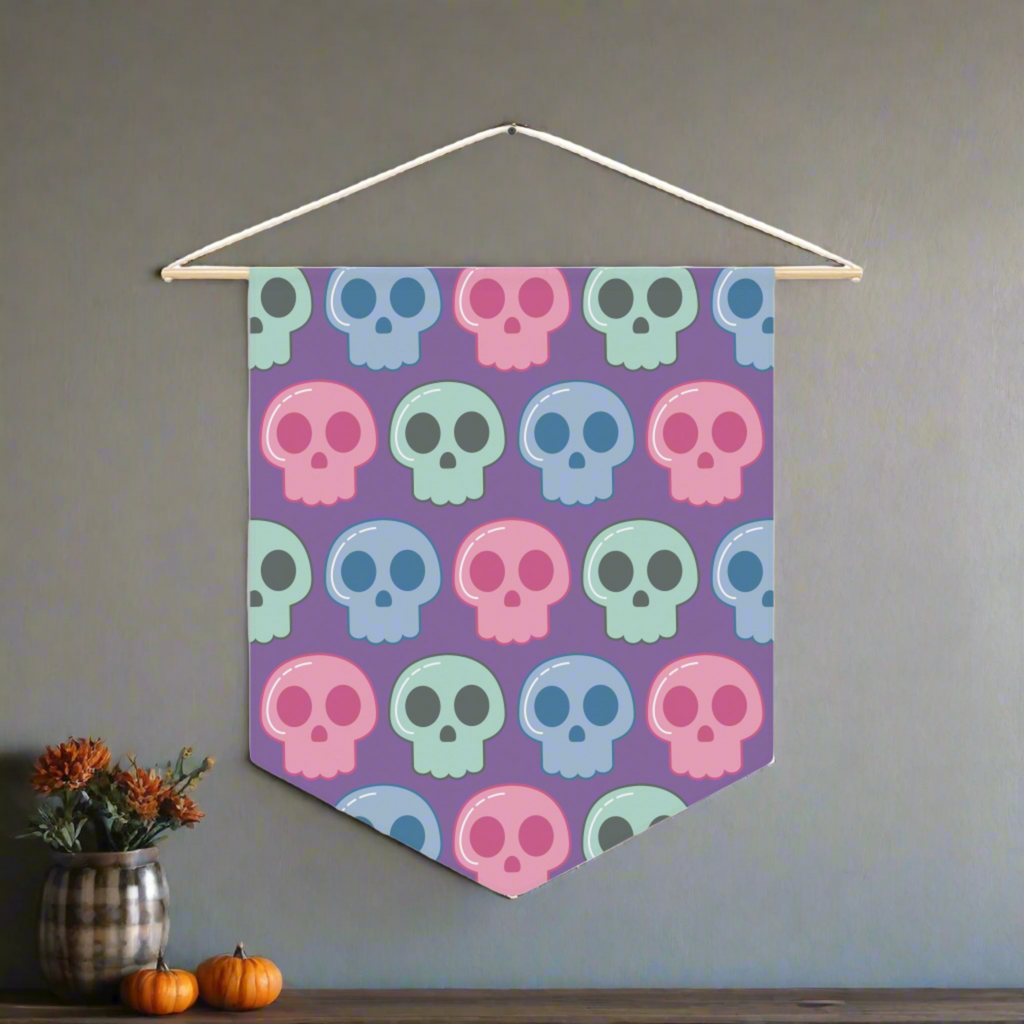 Cute Pastel Halloween Skulls Print Wall Hanging Banner Flag