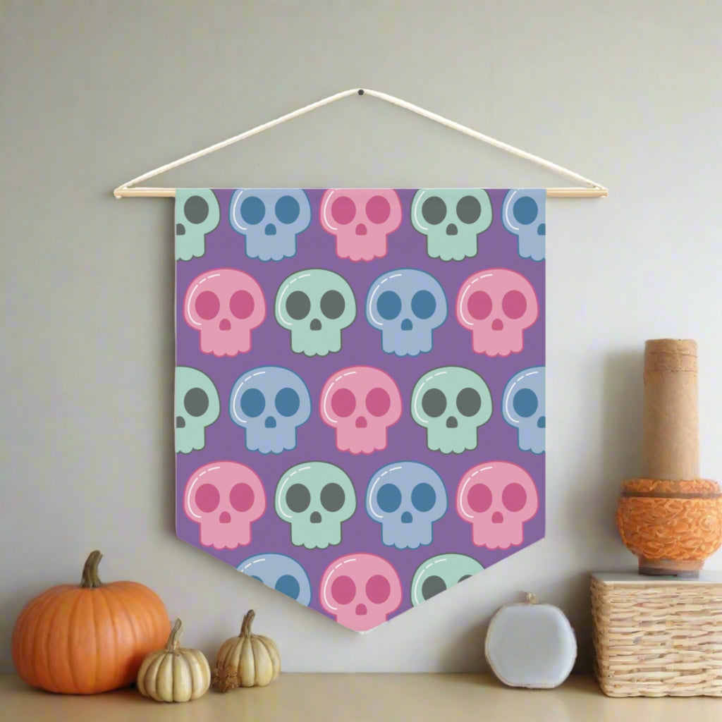 Cute Pastel Halloween Skulls Print Wall Hanging Banner Flag