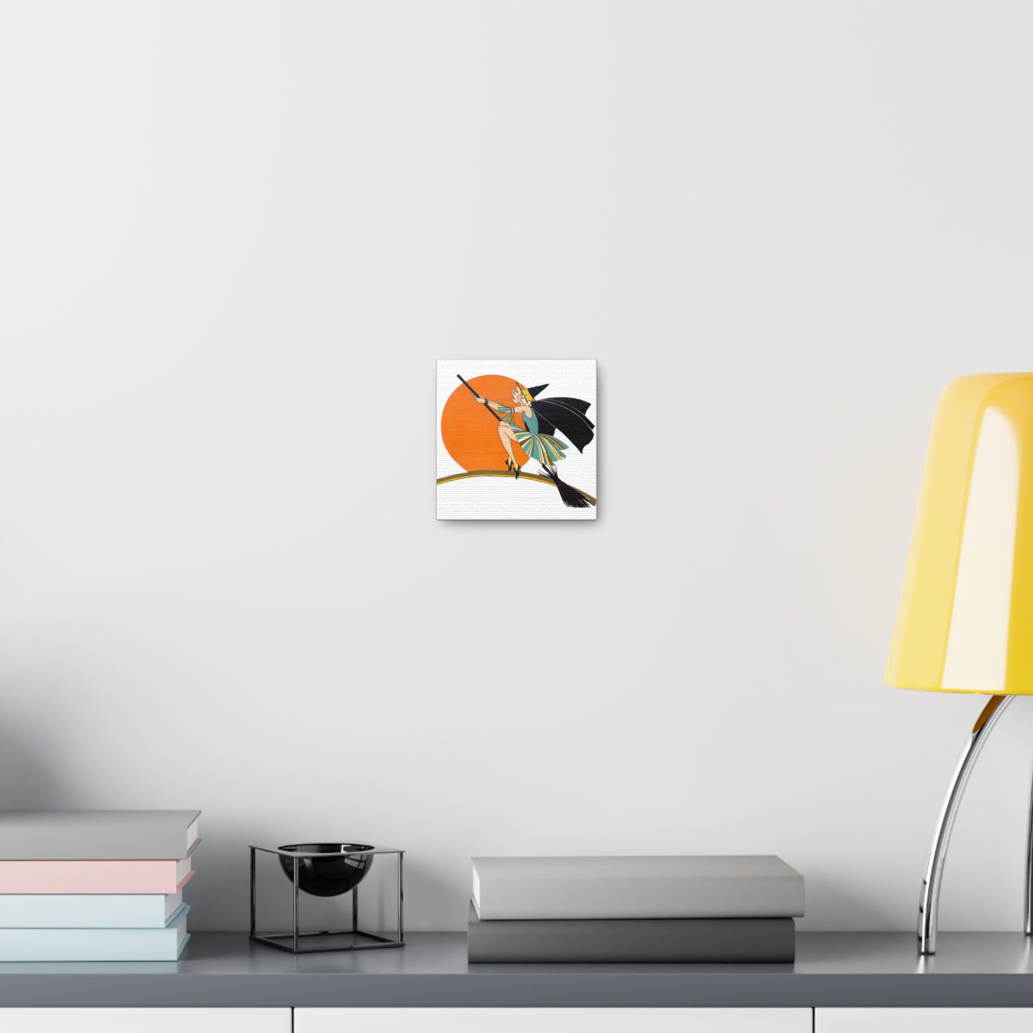 Flapper Witch On Broom Orange Moon Retro Halloween Decor Print Canvas Gallery Wrap