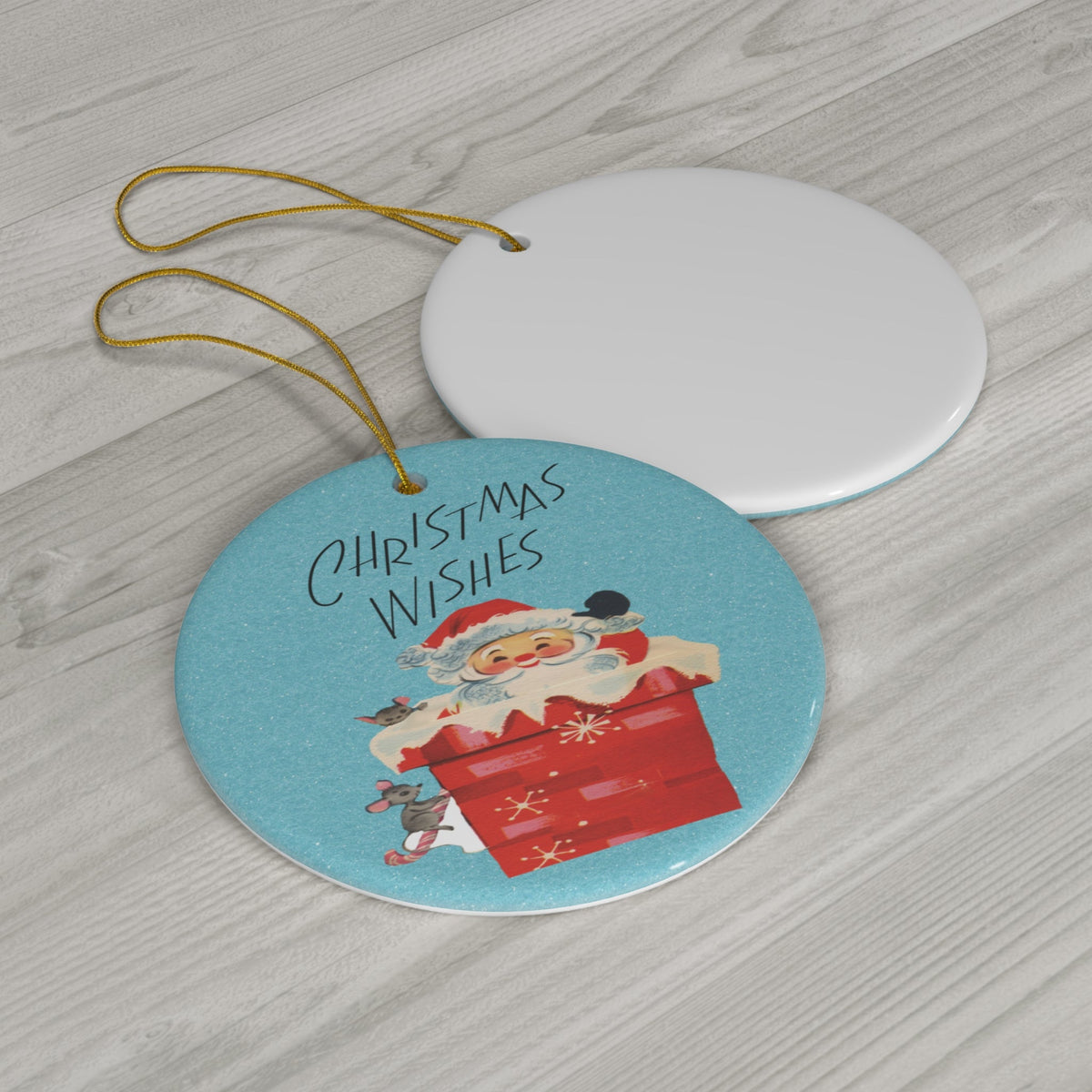 Christmas Wishes Santa In Chimney With Mice Mid Century Retro Christmas Print Ceramic Ornament