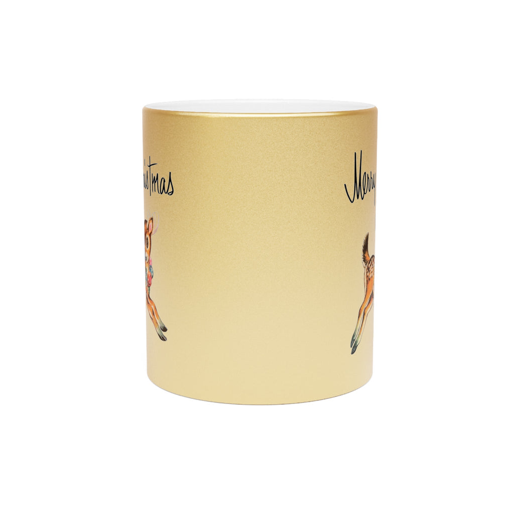 Merry Christmas Mid Century Retro Reindeer Print Gold Metallic Mug
