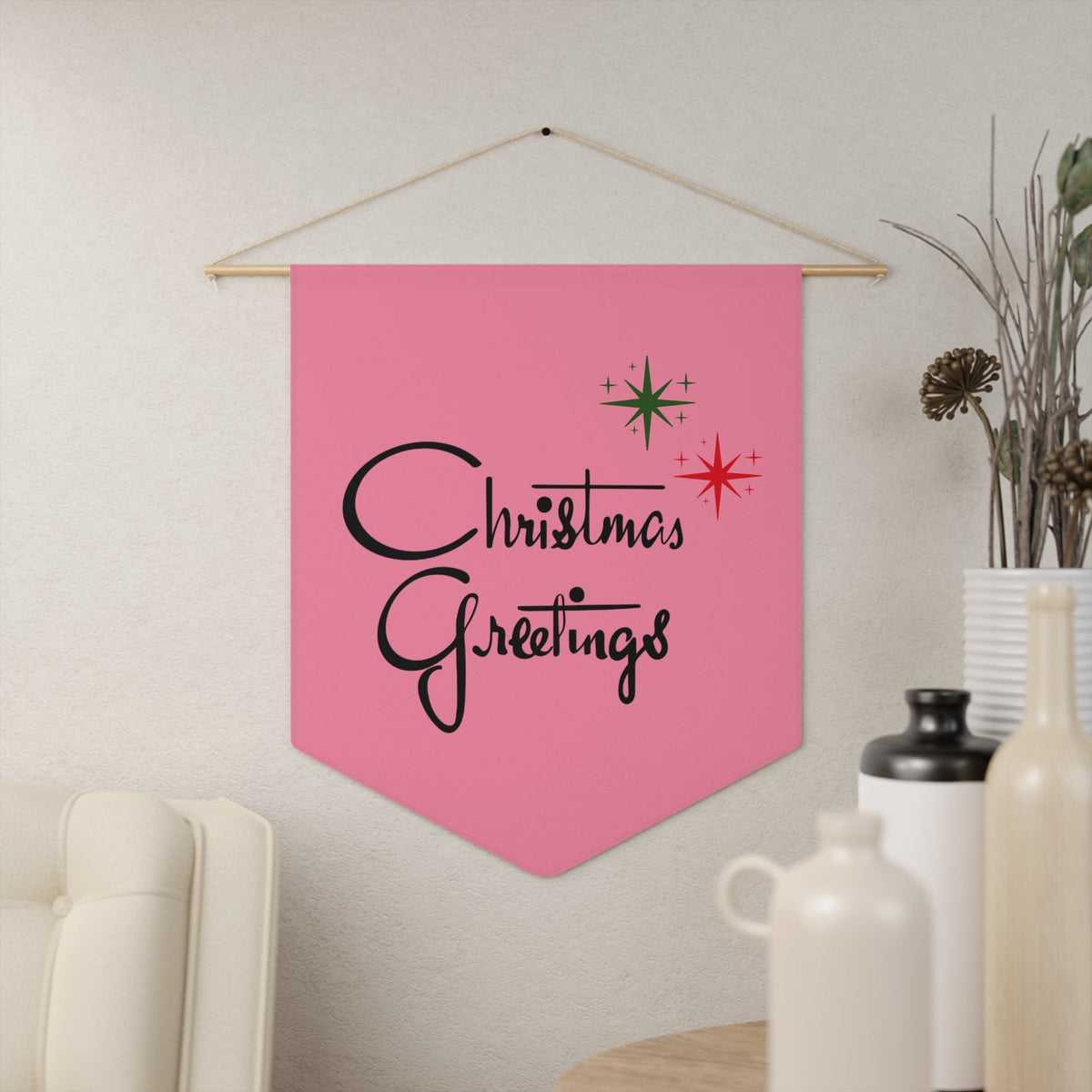 Christmas Greetings Starburst Retro Mid Century Pink Christmas Print Style Decor Print Wall Hanging Banner Flag
