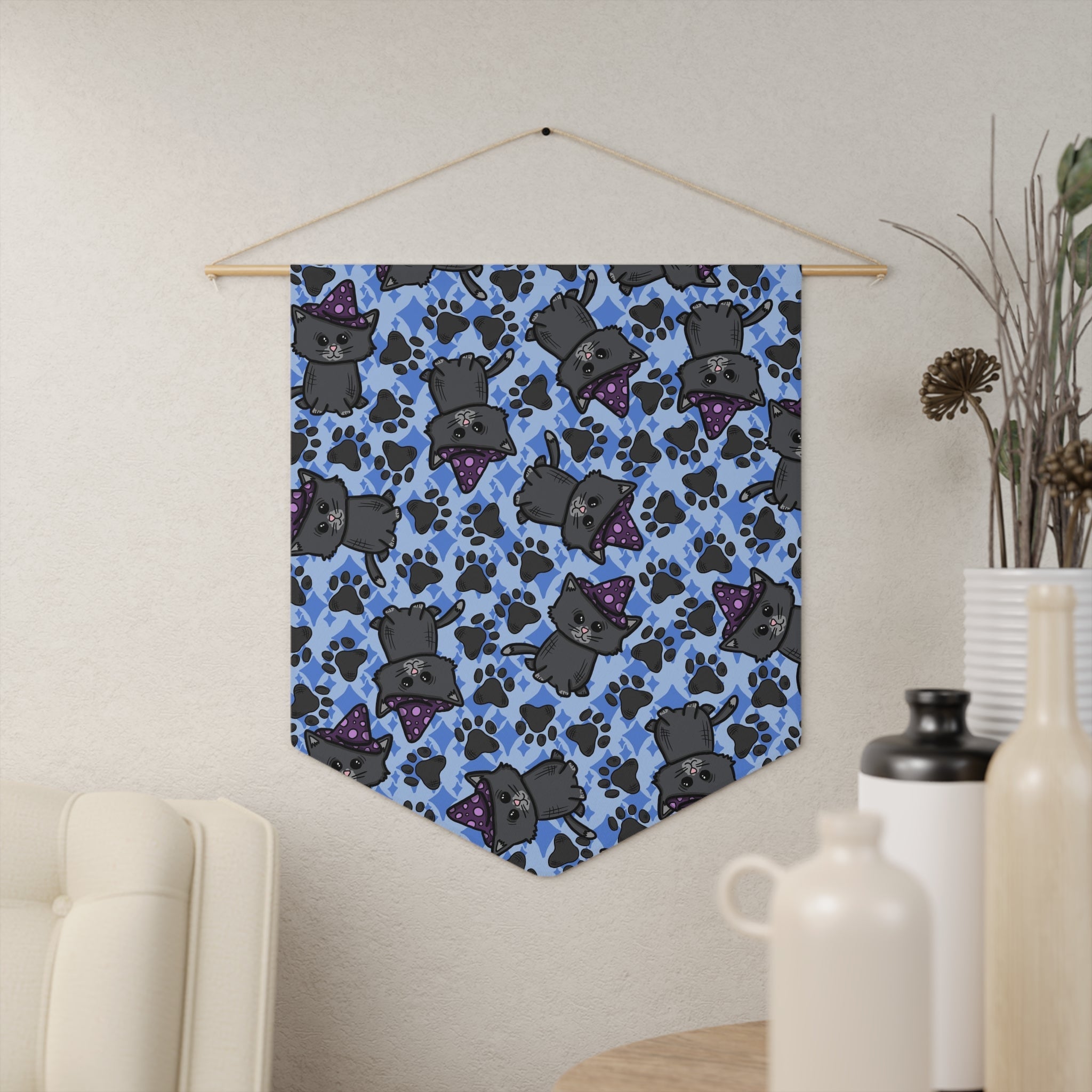 Witchy Kitties Blue Halloween Decor Print Wall Hanging Banner Flag