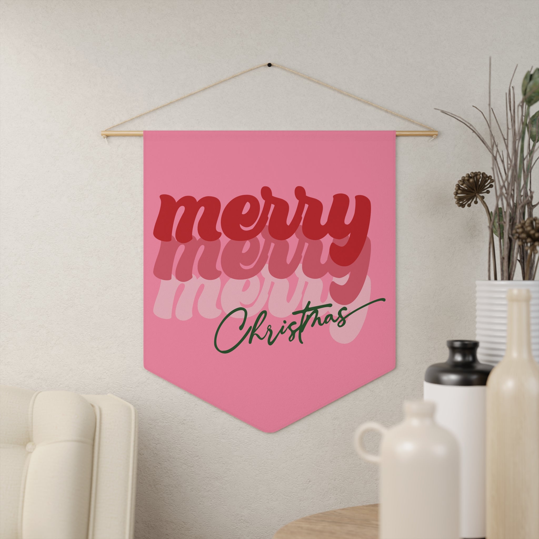 Merry Merry Merry Christmas Pink Christmas Wall Hanging Banner Flag