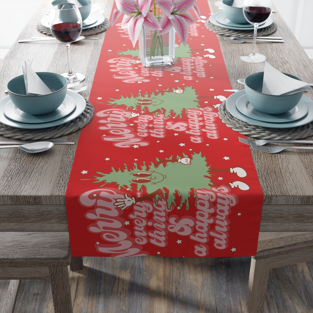 Merry Everything And A Happy Always Cute Christmas Tree Retro Style Red Christmas Decor Cotton Poly Table Runner