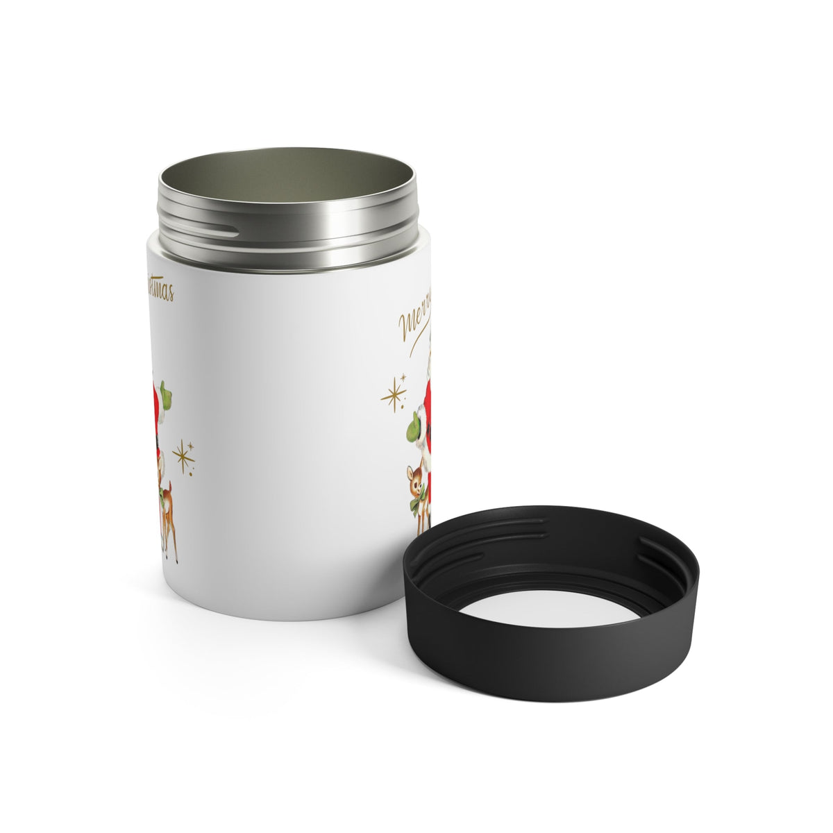 Merry Christmas Santa Baby Reindeer Gold Stars Mid Century Retro Christmas Print Stainless Steel Can Holder