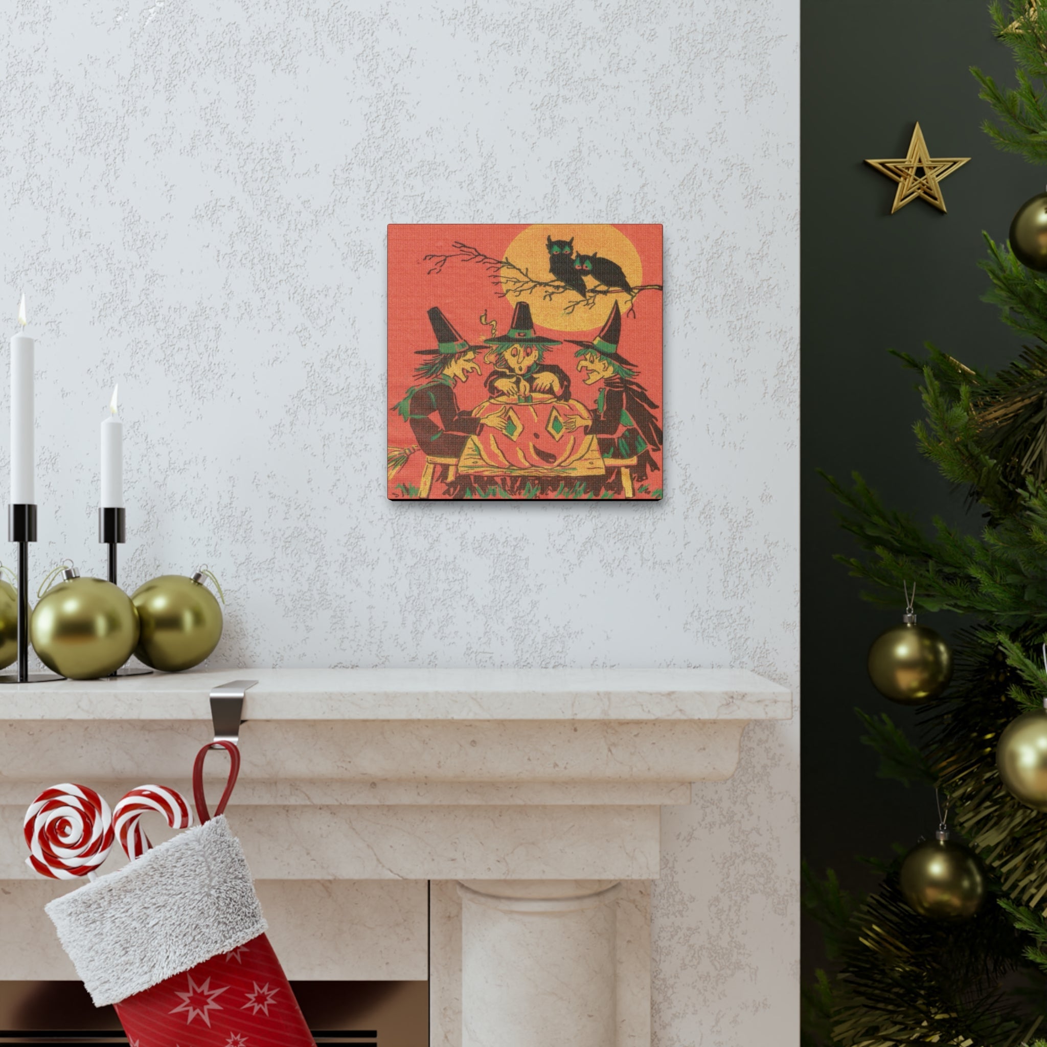 Three Witches Owls Halloween Canvas Gallery Wrap - Retro Style