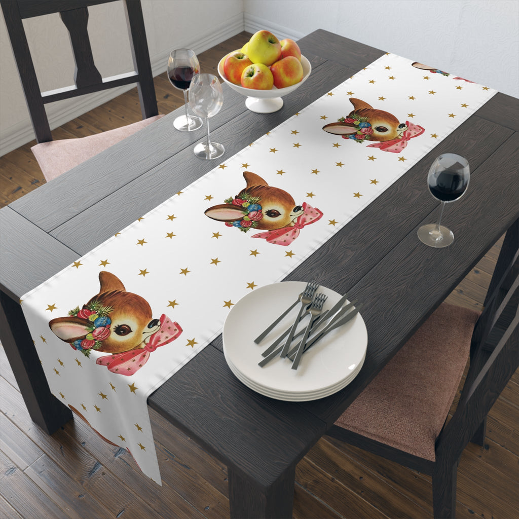Reindeer Gold Stars Mid Century Retro Christmas Print Home Decor Cotton Poly Table Runner