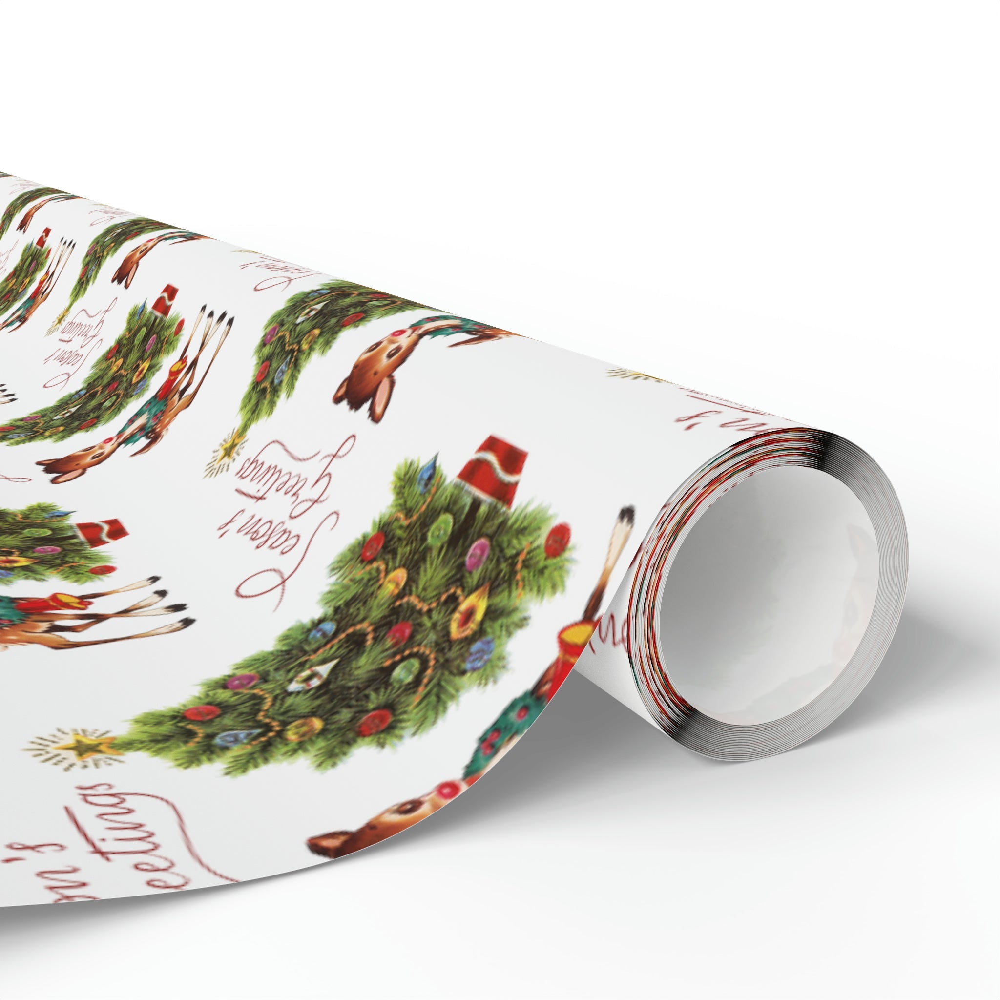 Season's Greetings Reindeer With Wreath And Christmas Tree Mid Century Retro Christmas Print Holiday Gift Wrap Paper - Glossy Or Matte