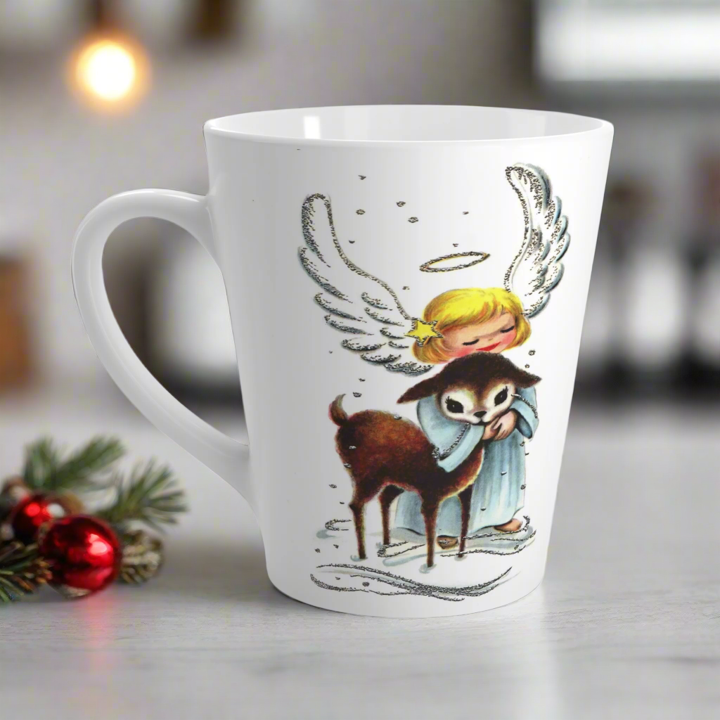 Angel Hugging Baby Fawn Deer Mid Century Retro Christmas Latte Coffee Mug