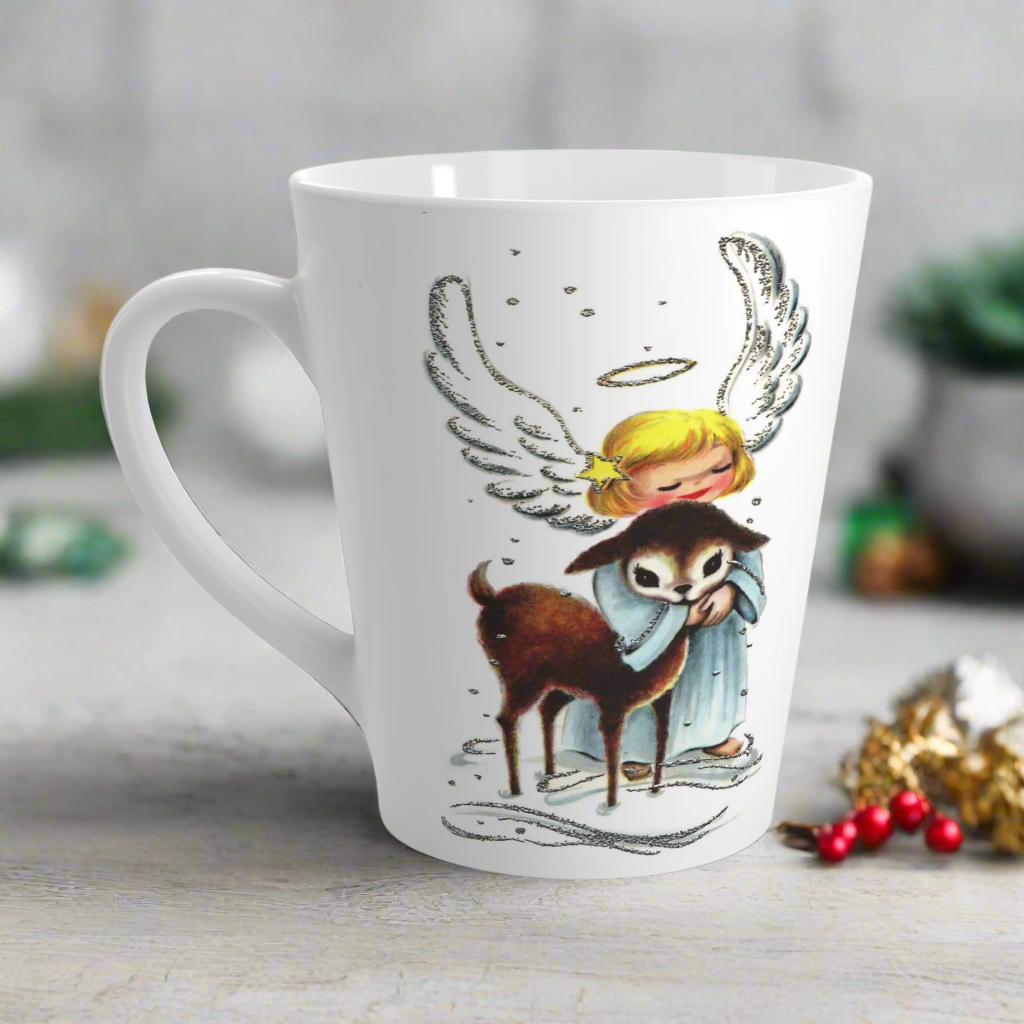Angel Hugging Baby Fawn Deer Mid Century Retro Christmas Latte Coffee Mug