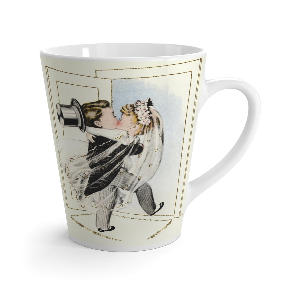 Embrace Midcentury Romance: Bride and Groom Crossing Threshold Latte Mug