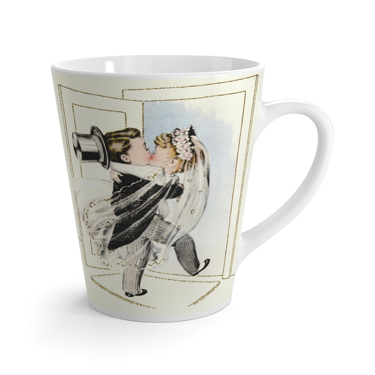 Embrace Midcentury Romance: Bride and Groom Crossing Threshold Latte Mug