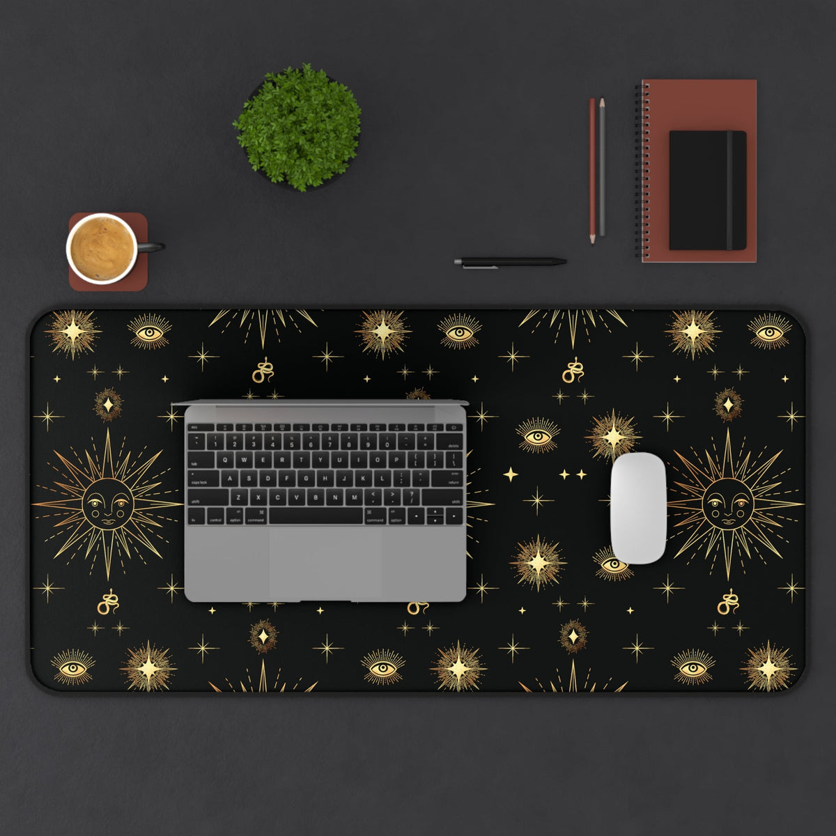 Celestial Gold Sun Stars Tarot Black Desk Mat - 3 size options