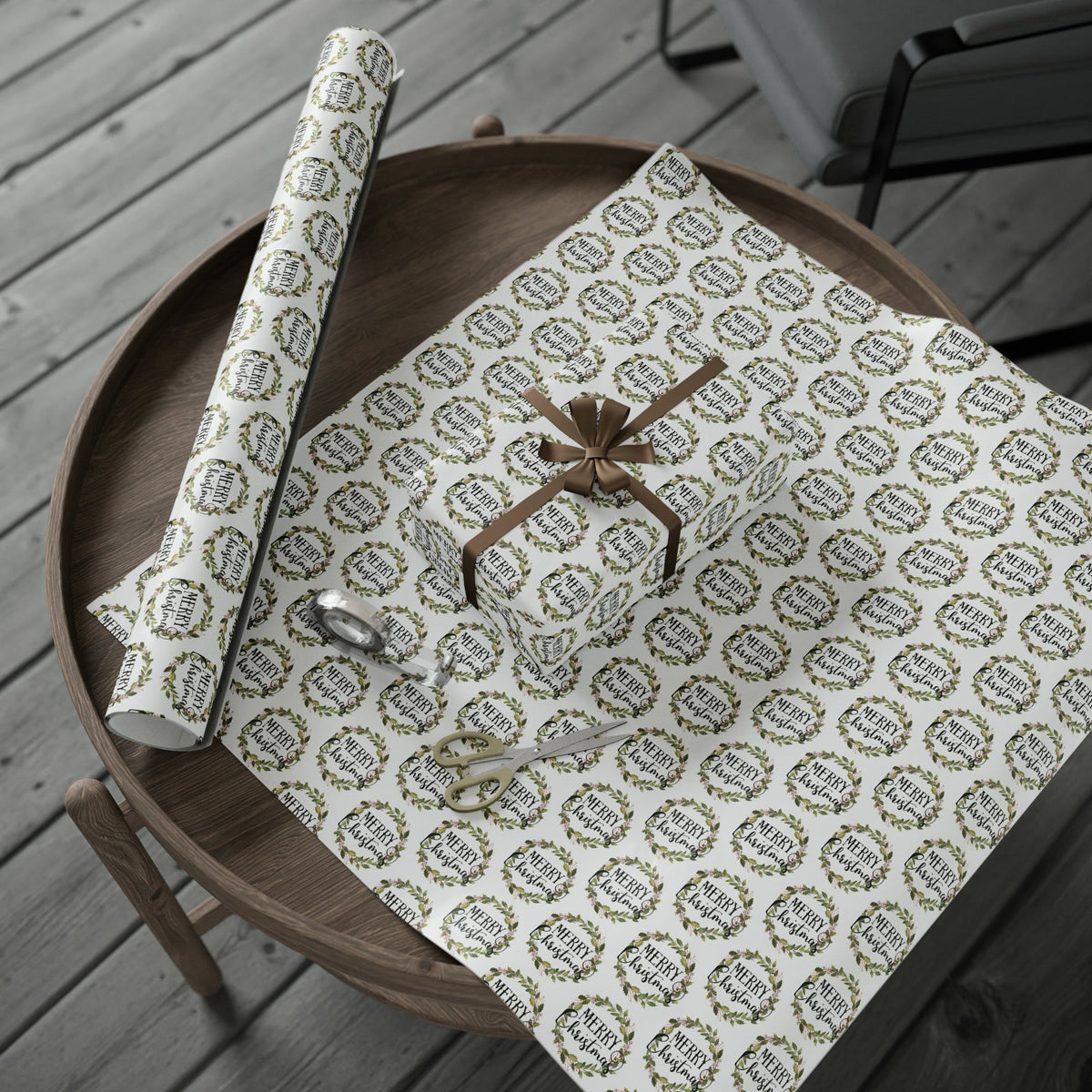 Merry Christmas Wreath Retro Style Christmas Print Holiday Gift Wrap Paper - Glossy Or Matte