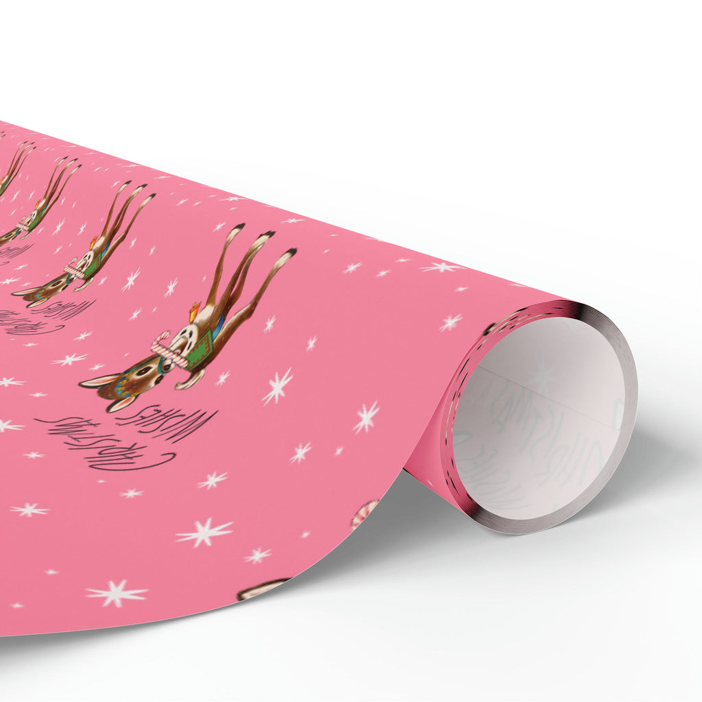 Christmas Wishes Reindeer With Candy Cane Pink Mid Century Retro Christmas Print Holiday Gift Wrap Paper - Glossy Or Matte