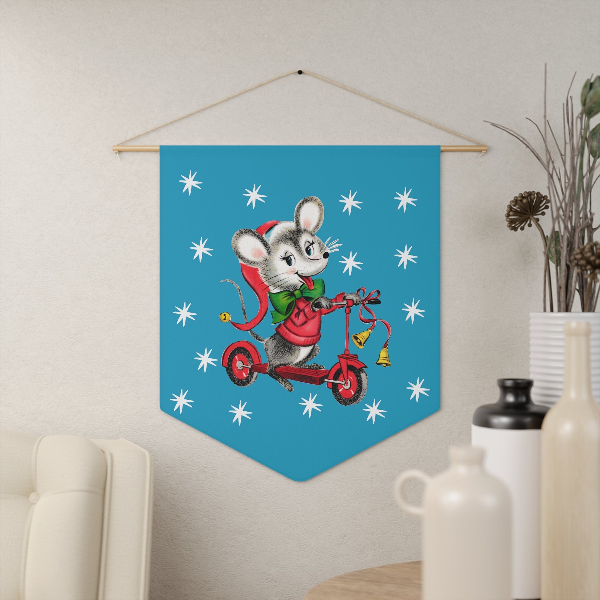 Christmas Mouse On Scooter Stars Blue Retro Mid Century Christmas Print Wall Hanging Banner Flag
