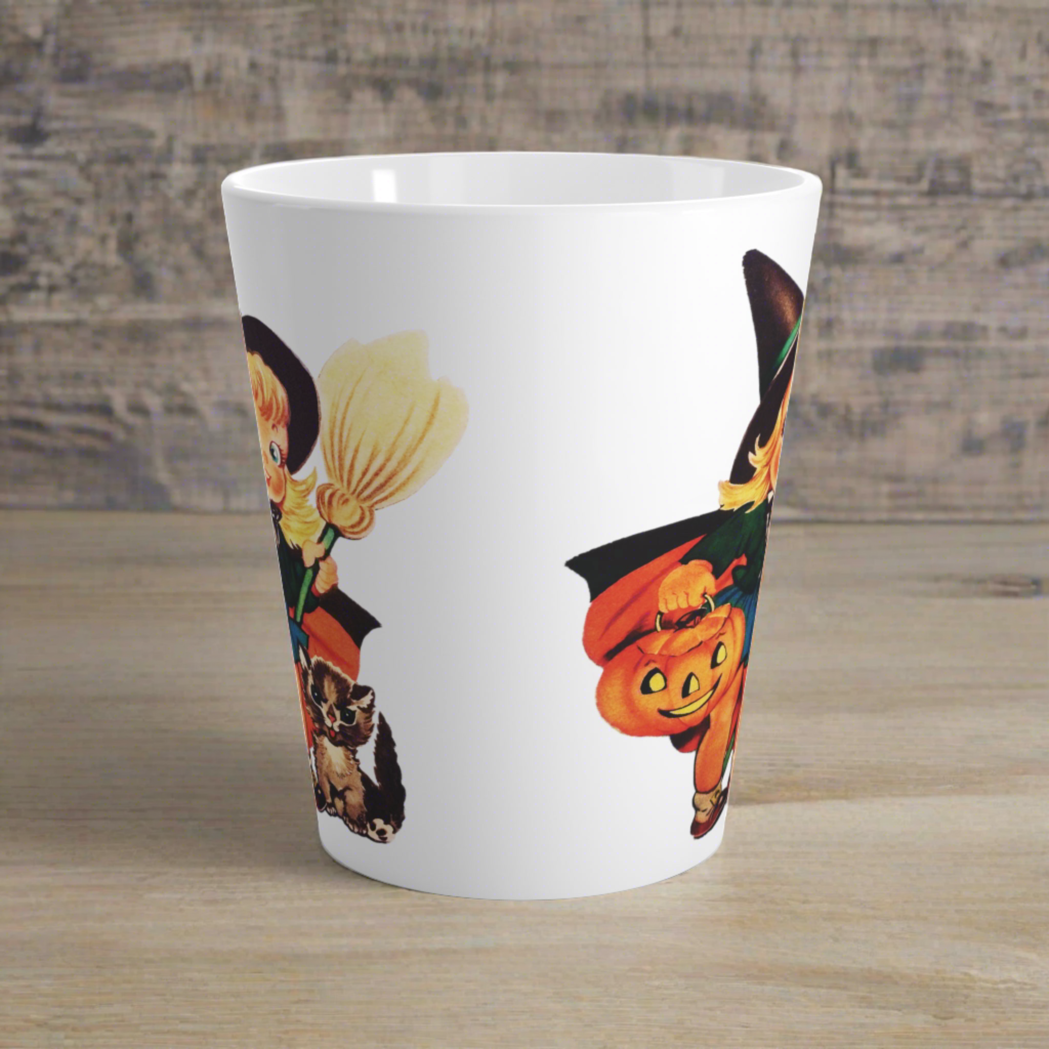 Cute Little Witch With Cat Retro Vintage Halloween Print Latte Coffee Mug