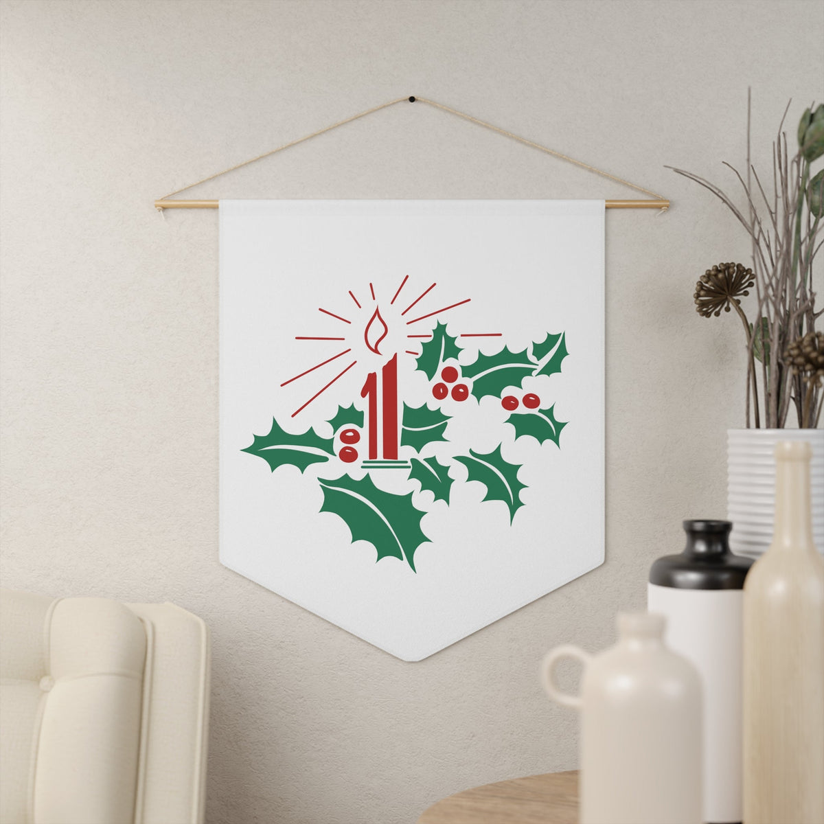 Christmas Candle Holly Retro Mid Century Decor Christmas Print Wall Hanging Banner Flag