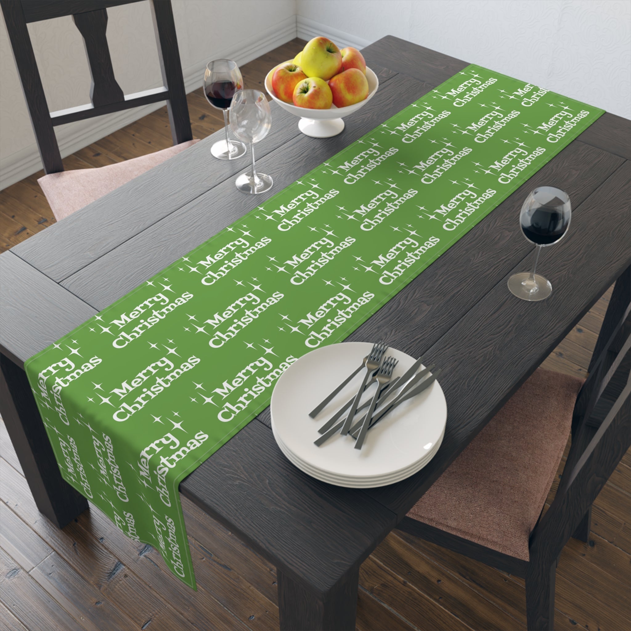Merry Christmas Starburst Atomic Mid Century Retro Style Christmas Decor Green Cotton Poly Table Runner