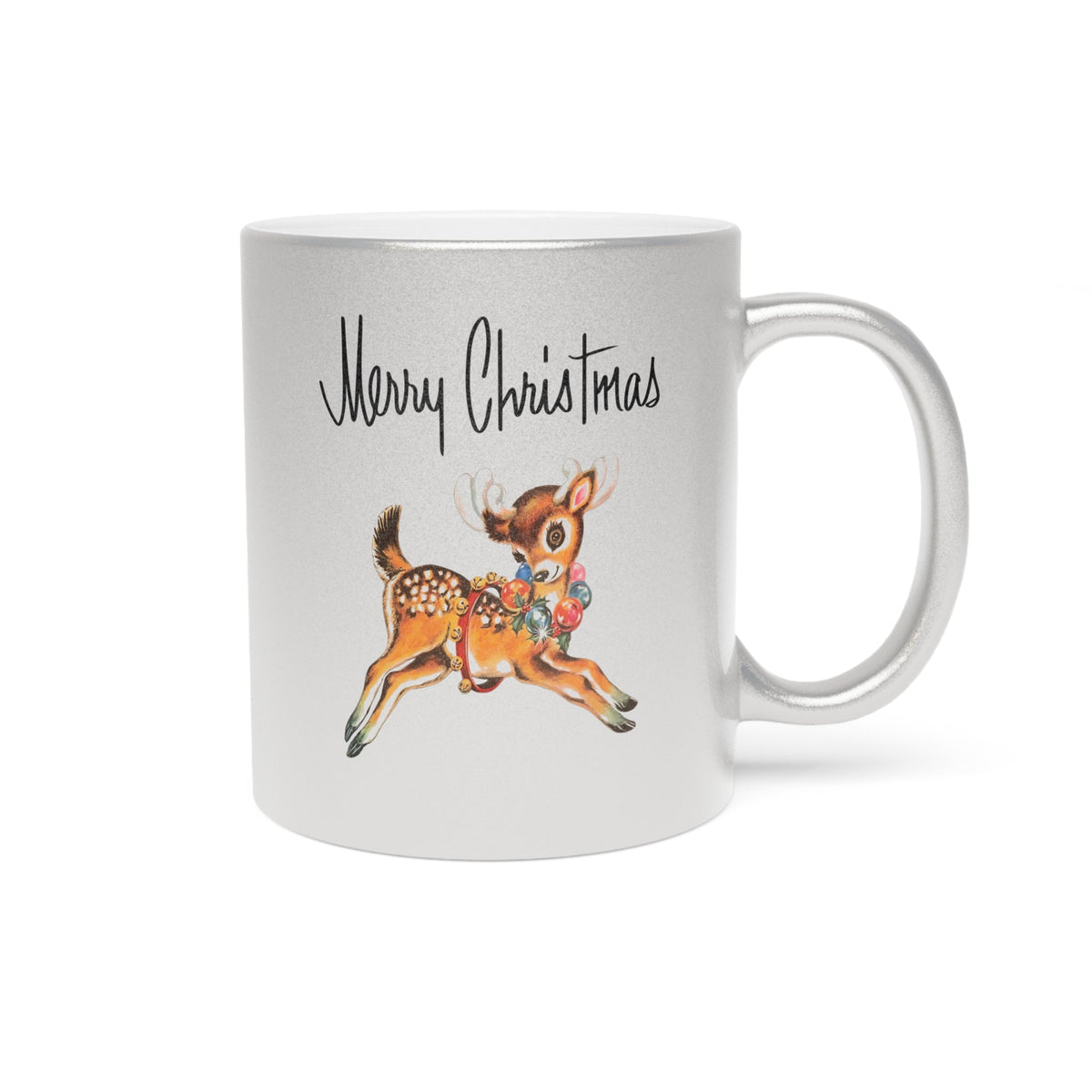Merry Christmas Mid Century Retro Reindeer Print Silver Metallic Mug