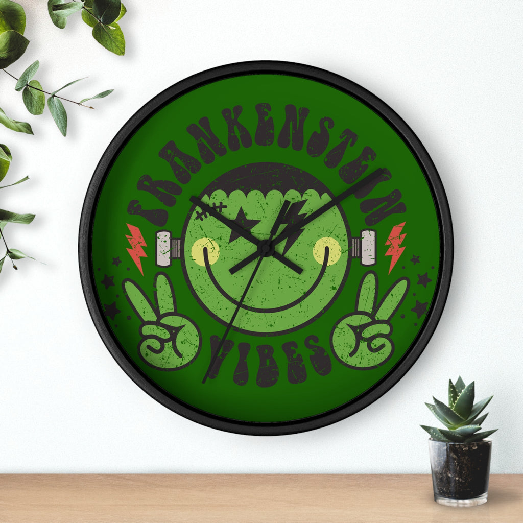 Frankenstein Vibes Monster Distressed Halloween Black Wall Clock