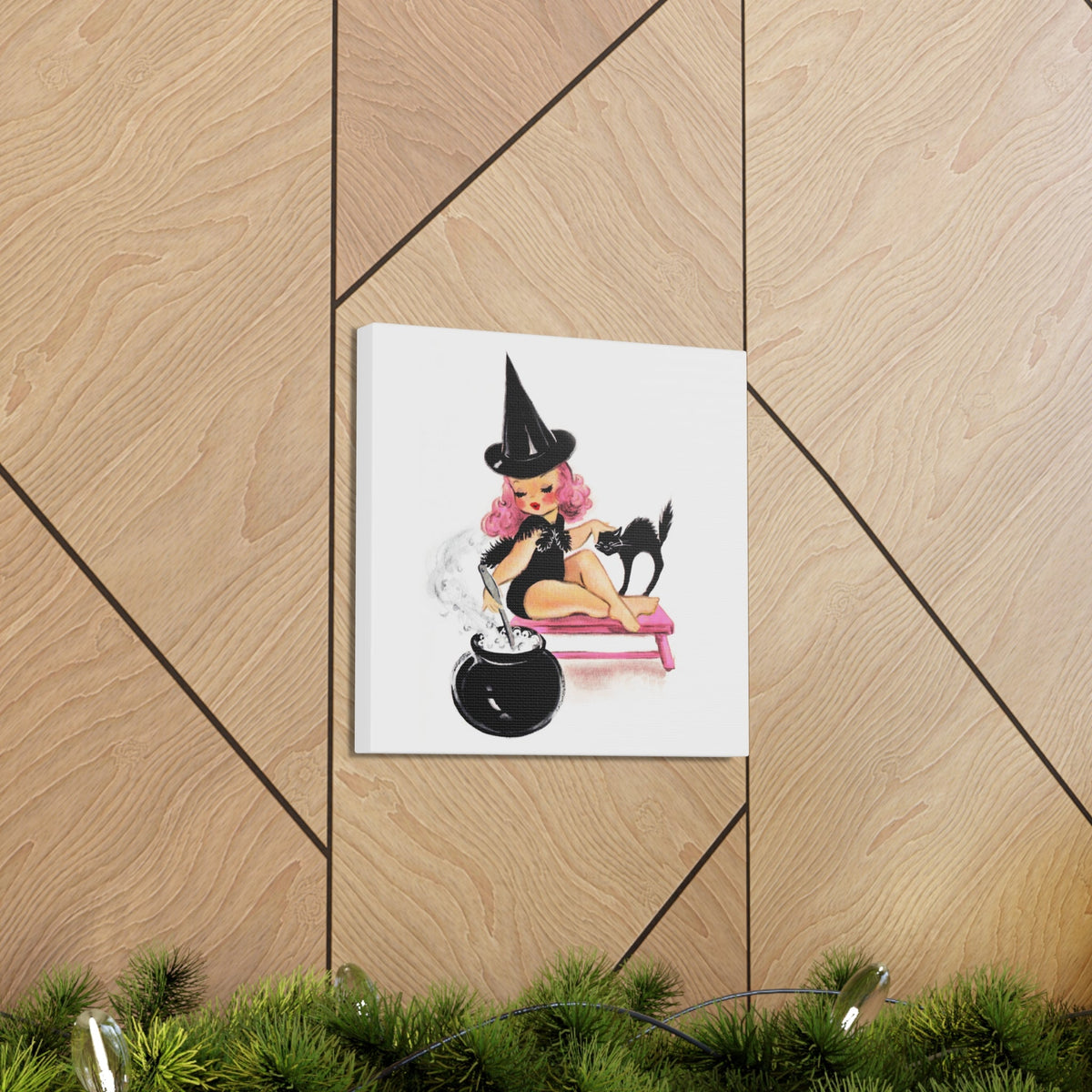Pink Witch Black Cat Retro Halloween Decor Print Canvas Gallery Wrap
