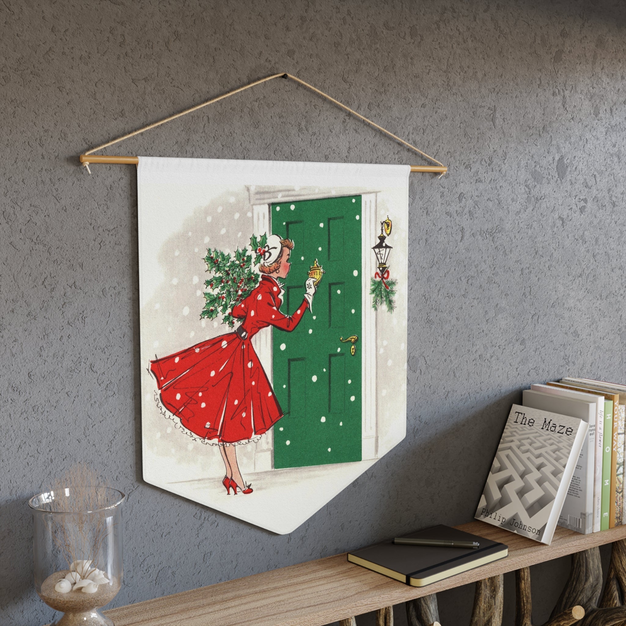 Christmas Lady With Holly Mistletoe Retro Christmas Print Wall Hanging Banner Flag