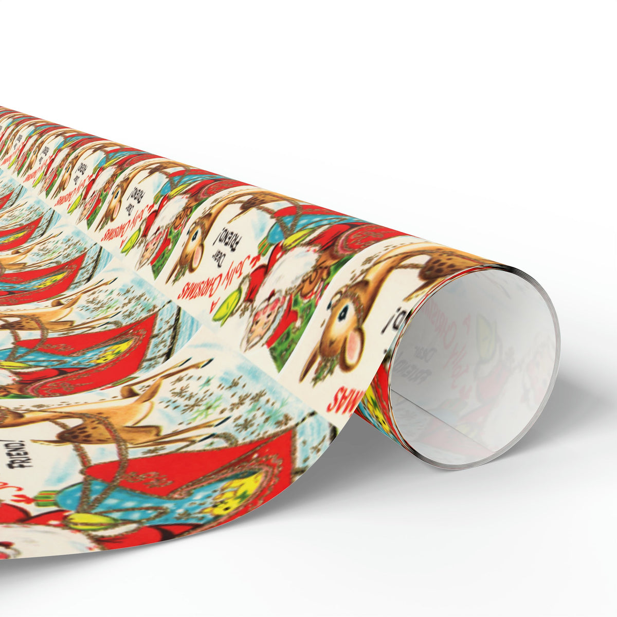 A Jolly Christmas Dear Friend Santa In Sleigh With Reindeer Mid Century Retro Christmas Print Holiday Gift Wrap Paper - Glossy Or Matte