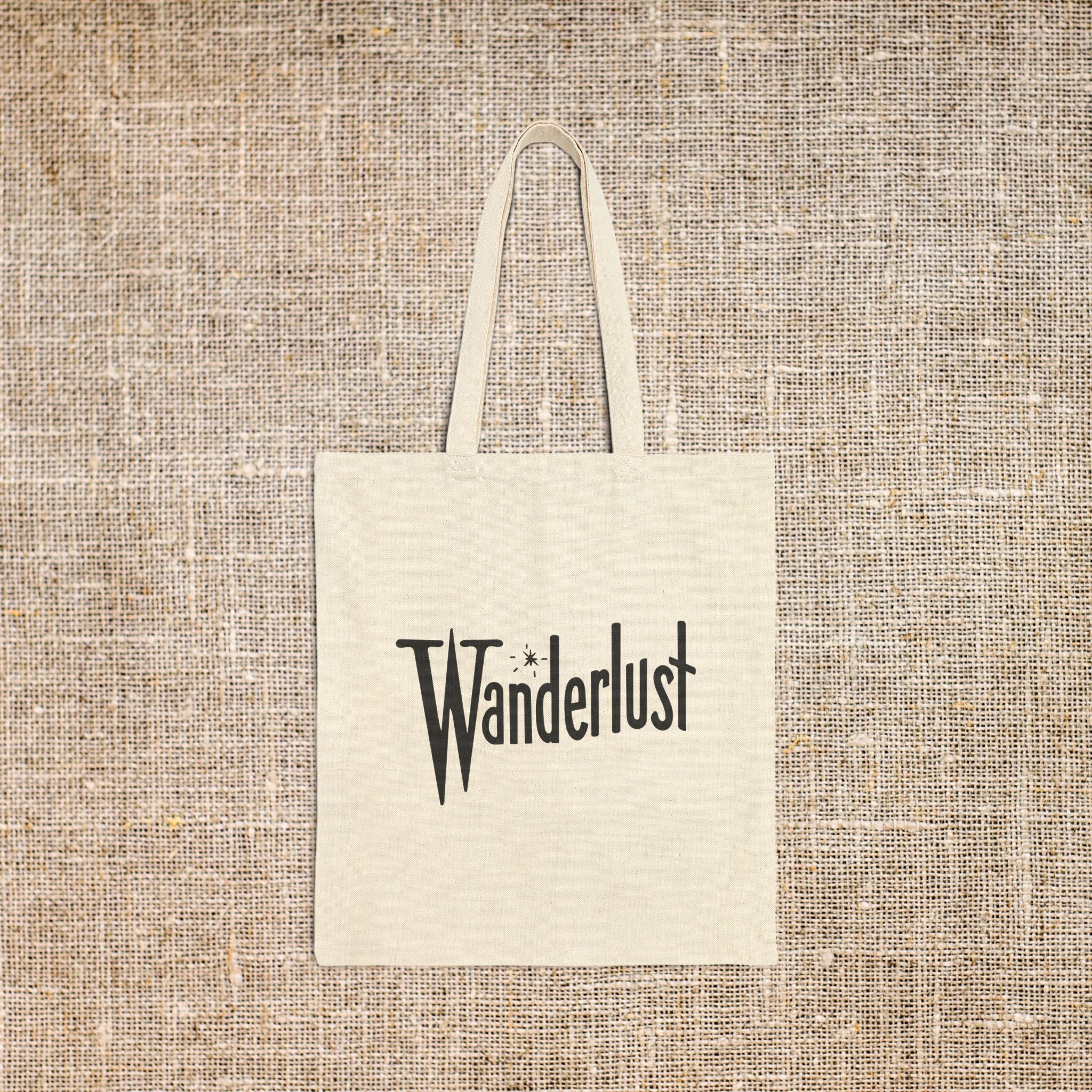 Wanderlust Canvas Tote Bag, Retro Font Design, Traveler Shoulder Bag, Eco-Friendly Shopper, Reusable Grocery Bag, Vintage Style Market Tote