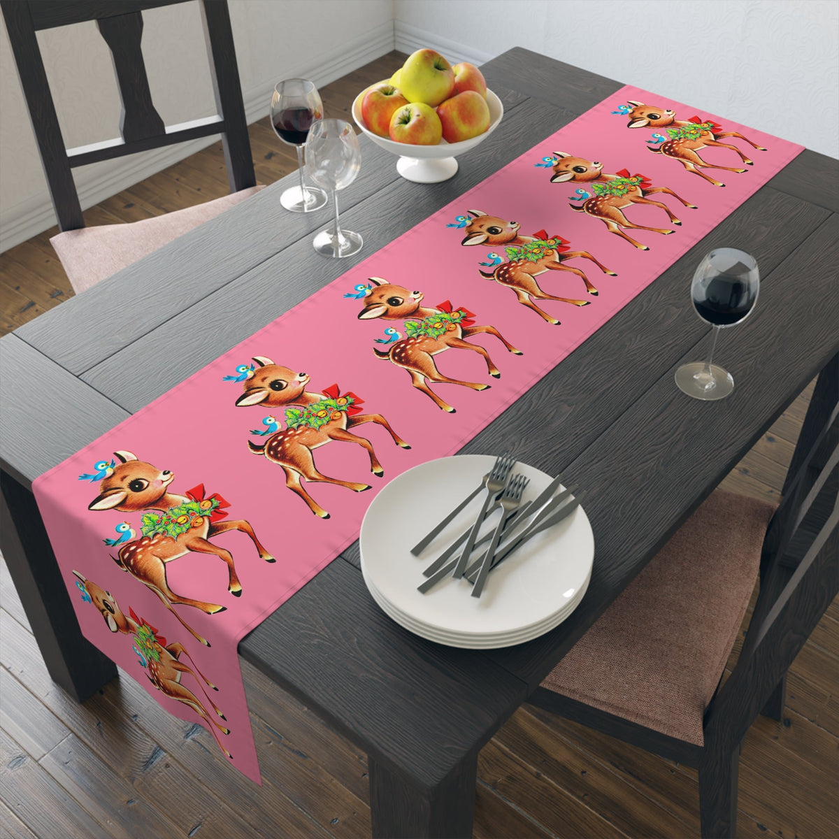 Reindeer With Bluebirds Retro Christmas Pink Polyester Table Runner