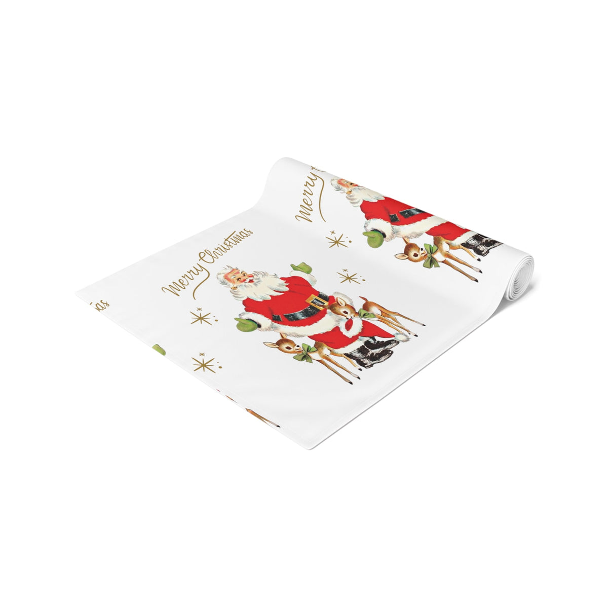 Merry Christmas Santa Reindeer Gold Stars Retro Christmas Table Runner