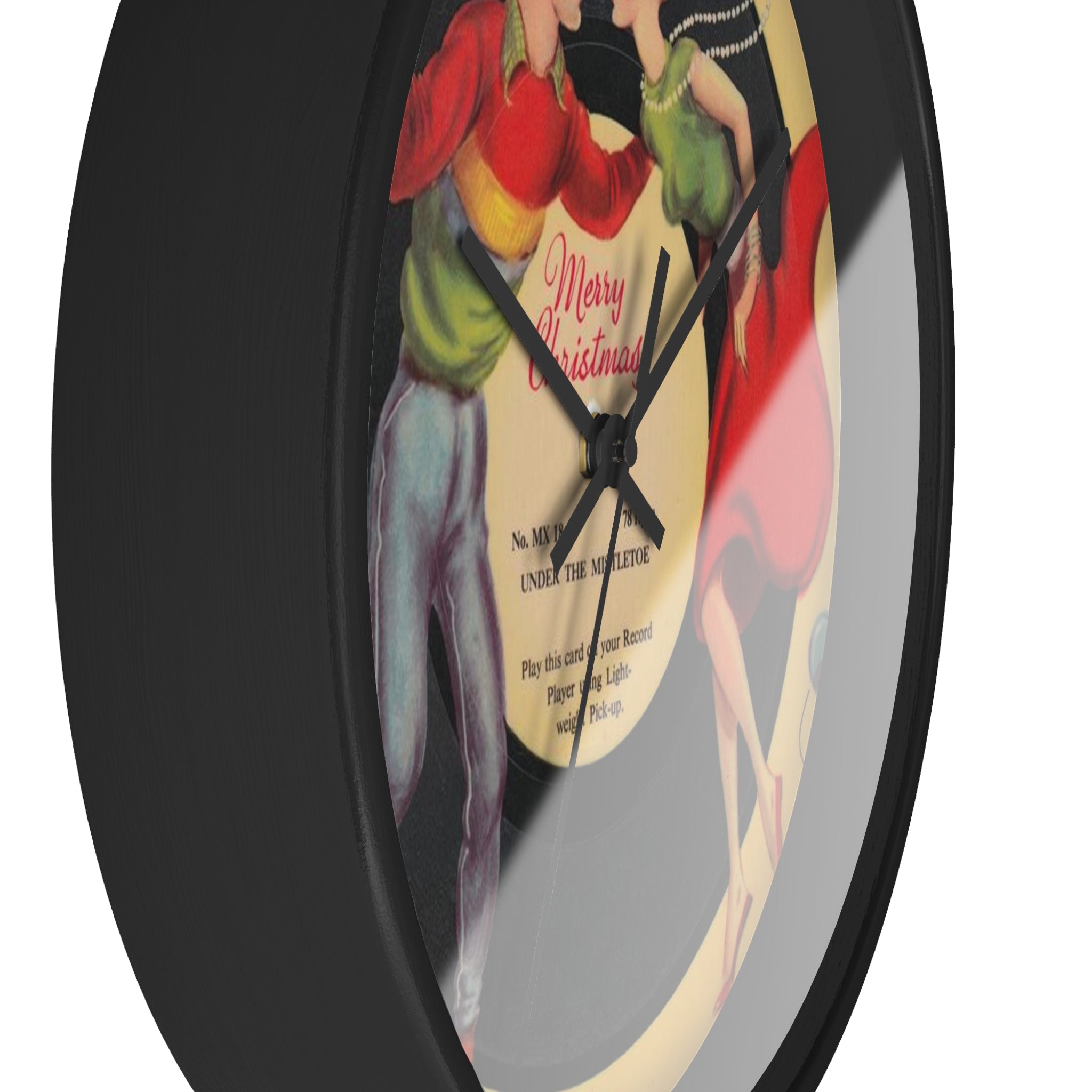 Under The Mistletoe Merry Christmas Couple Record Retro Black Wooden Wall Clock