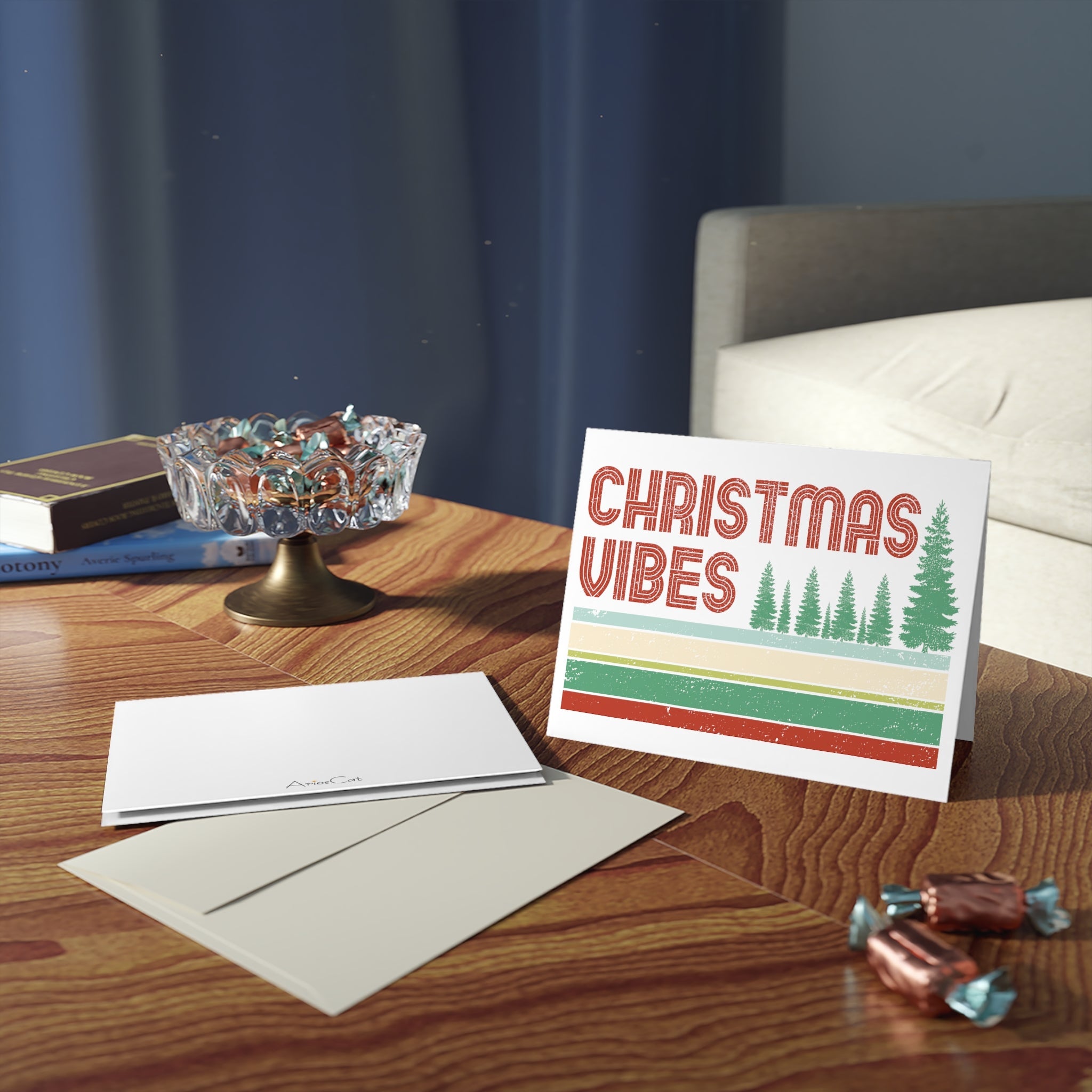 Christmas Vibes Trees Retro Christmas Style Matte Greeting Cards (8, 16, and 24 pcs)