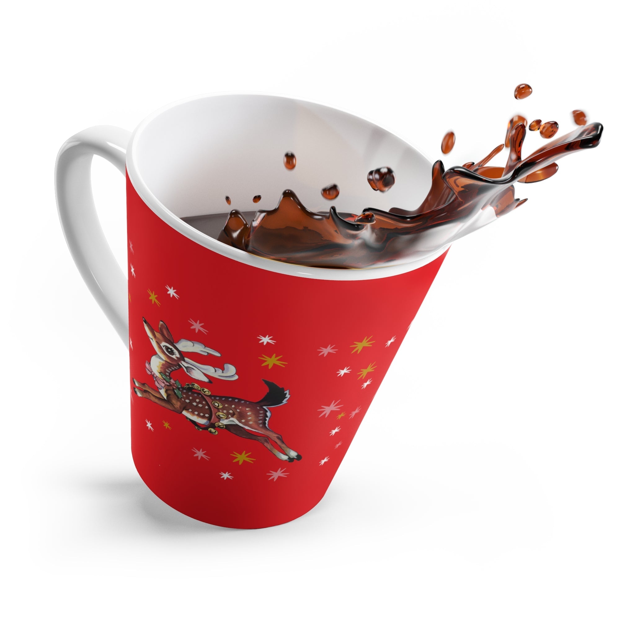 Reindeer Stars Retro Christmas Print Red Latte Mug