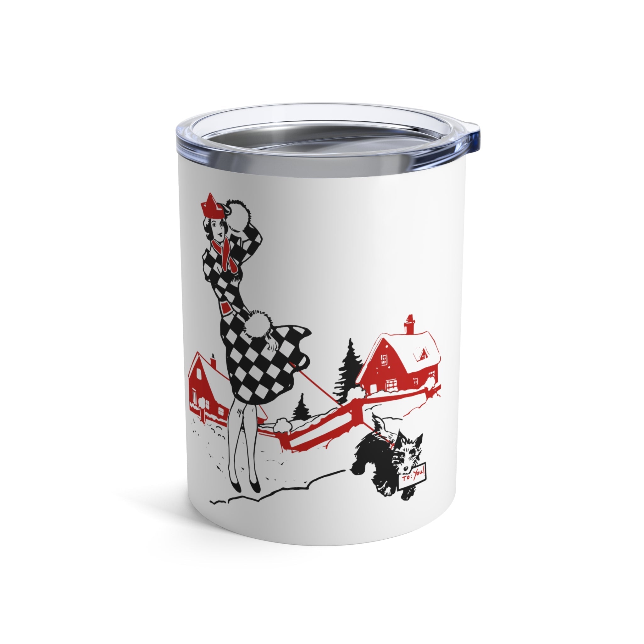 Lady With Black Scottie Mid Century Retro Christmas Print Stainless Steel Tumbler 10oz