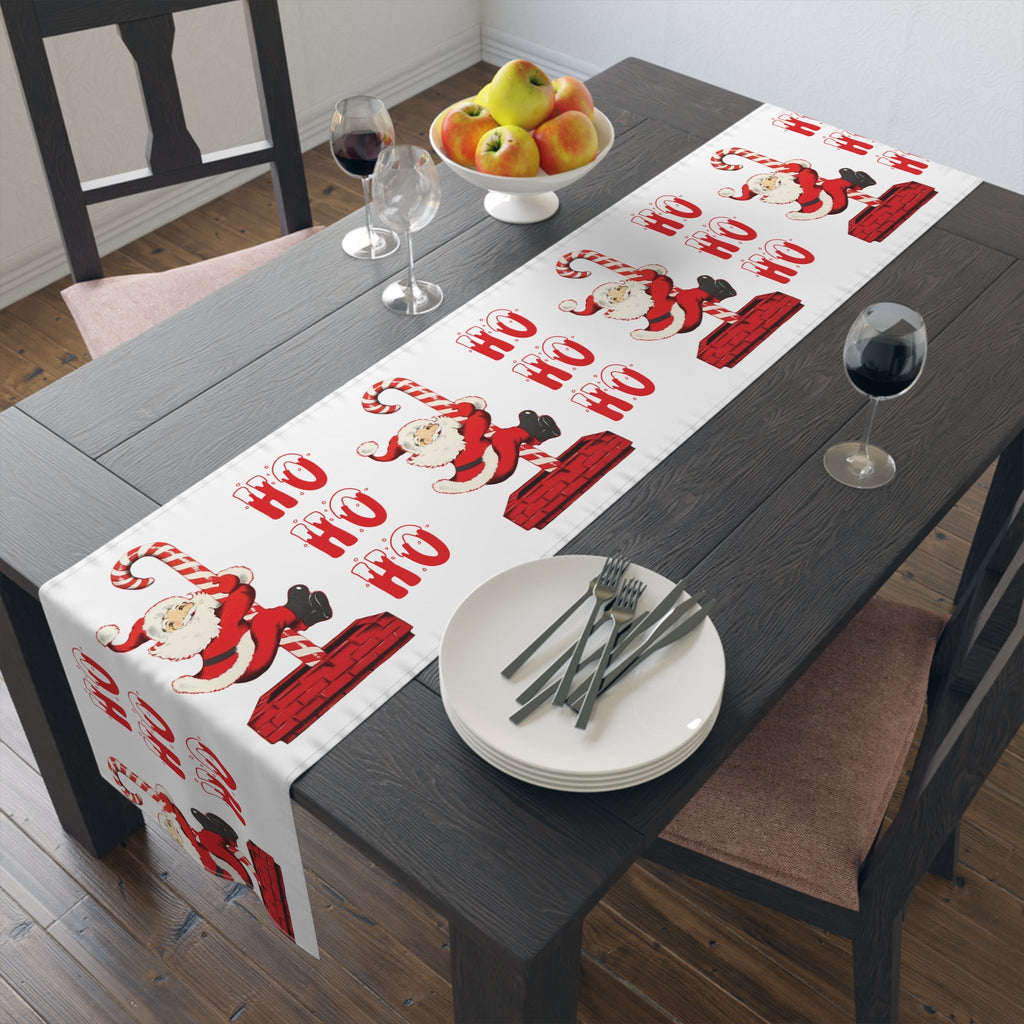 Ho Ho Ho Santa Sliding Down Candy Cane Chimney Mid Century Retro Christmas Party Decor Cotton Poly Table Runner