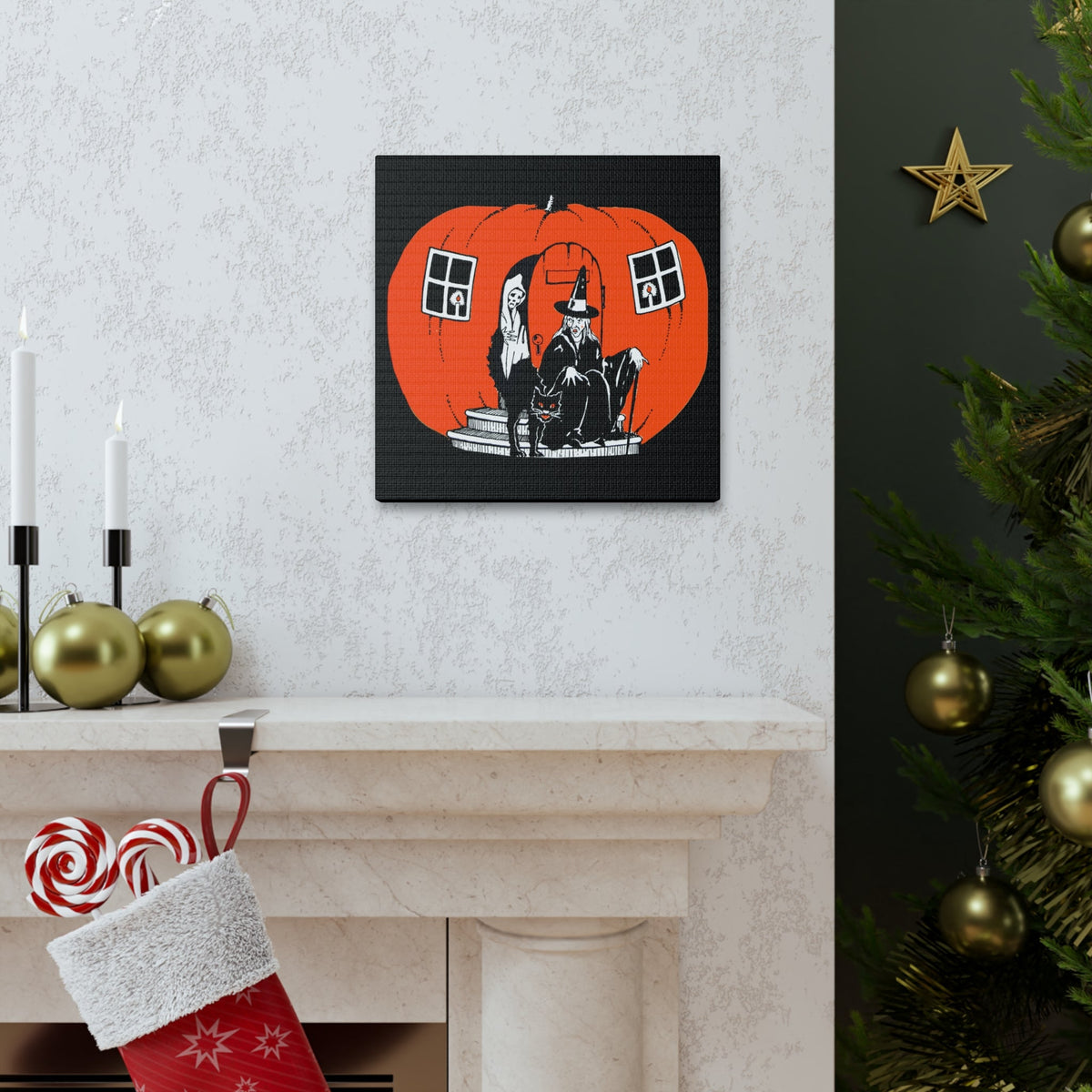 Pumpkin House Witch Black Cat Retro Halloween Decor Print Canvas Gallery Wrap