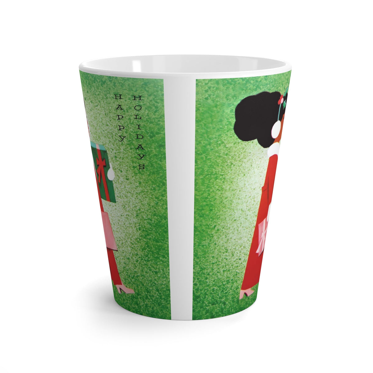 Happy Holidays Christmas Lady With Presents Retro Christmas Print Latte Coffee Mug