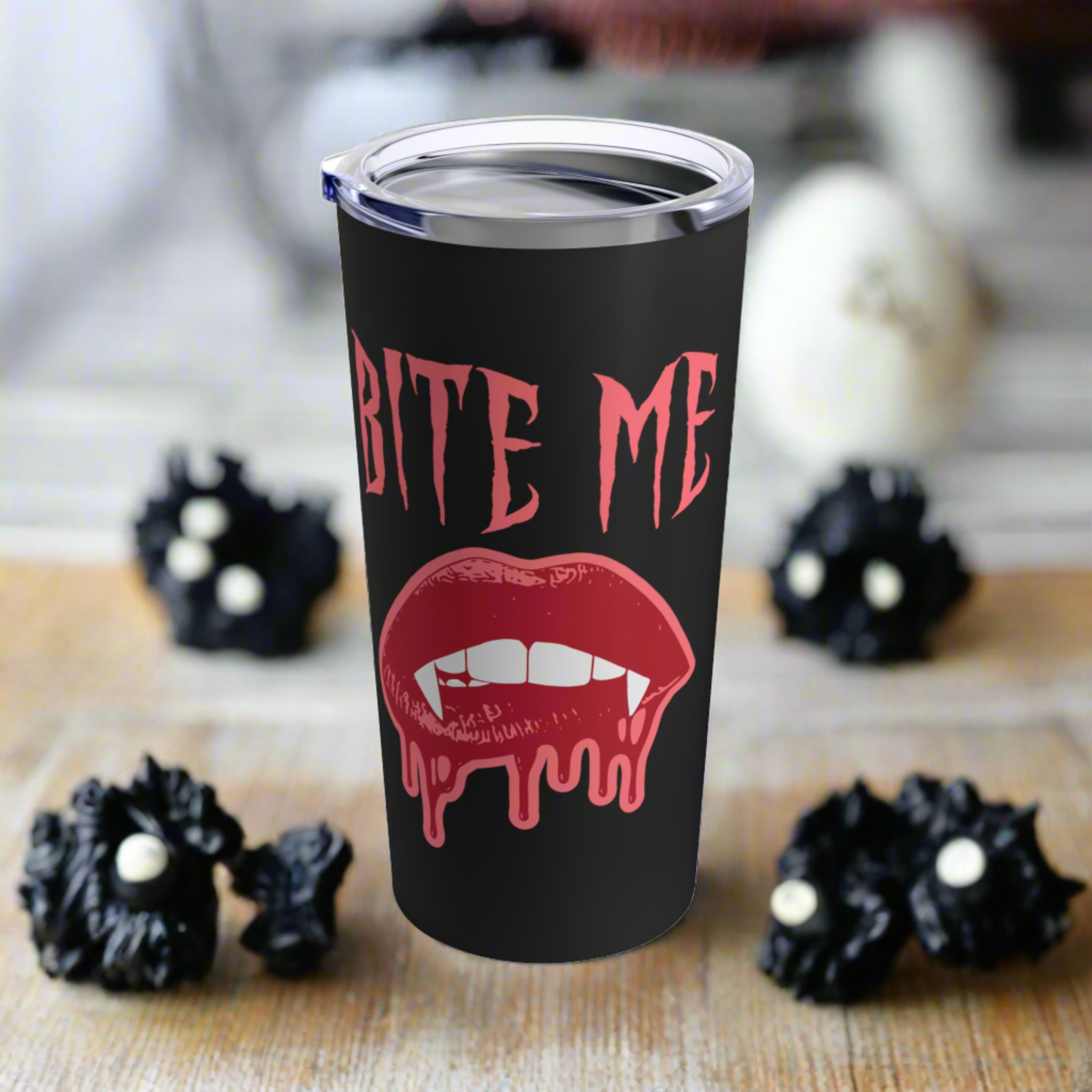 Bite Me Vampire Dracula Fangs Halloween Black Stainless Steel Tumbler 20oz