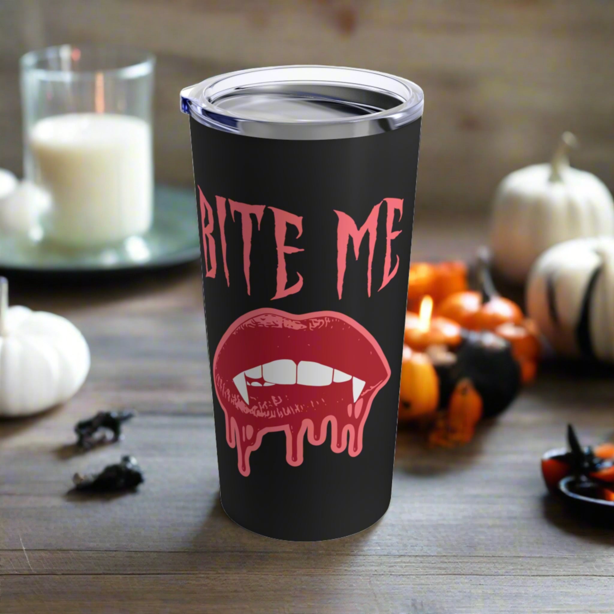 Bite Me Vampire Dracula Fangs Halloween Black Stainless Steel Tumbler 20oz