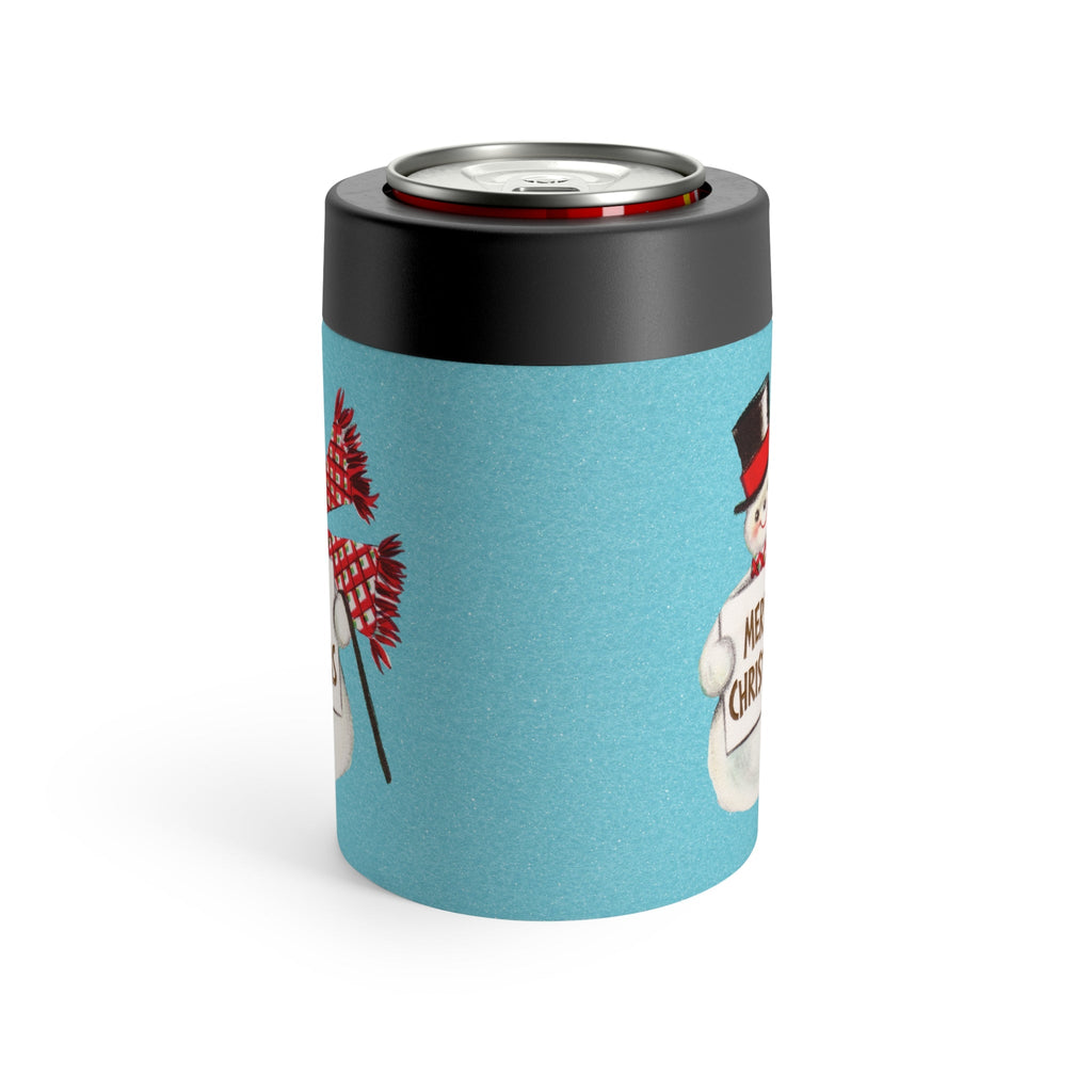 Merry Christmas Snowman Blue Background Mid Century Retro Christmas Print Stainless Steel Can Holder