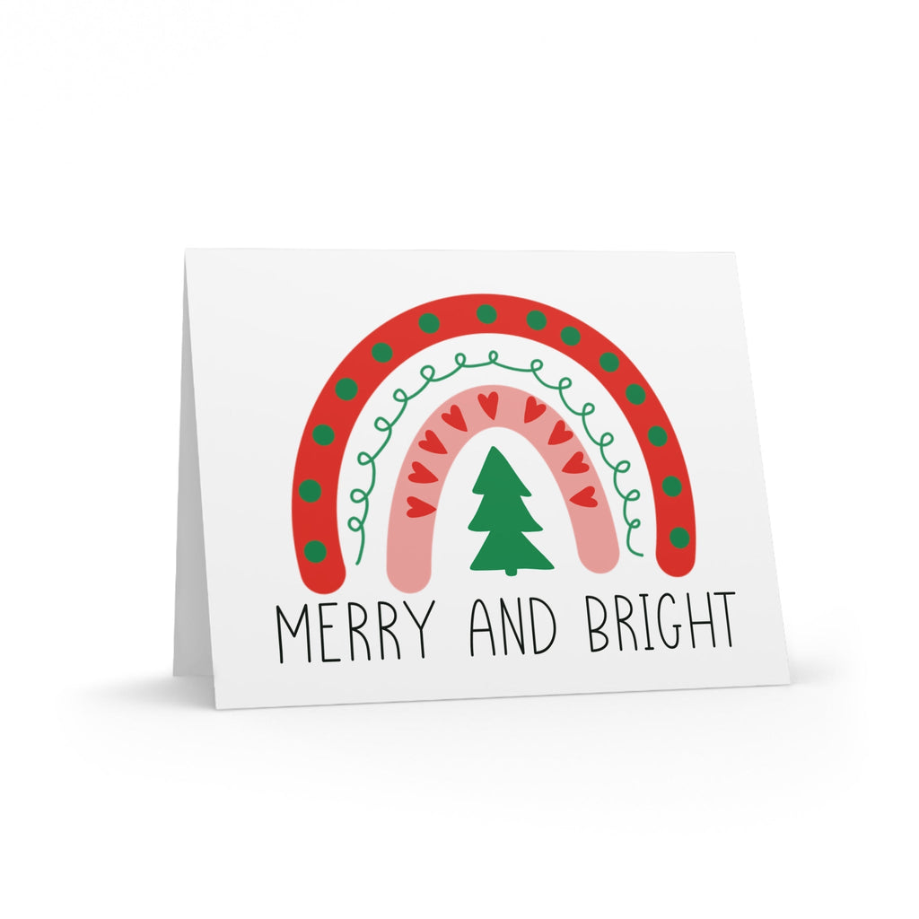 Merry And Bright Boho Rainbow Retro Style Christmas Matte Greeting Cards (8, 16, and 24 pcs)