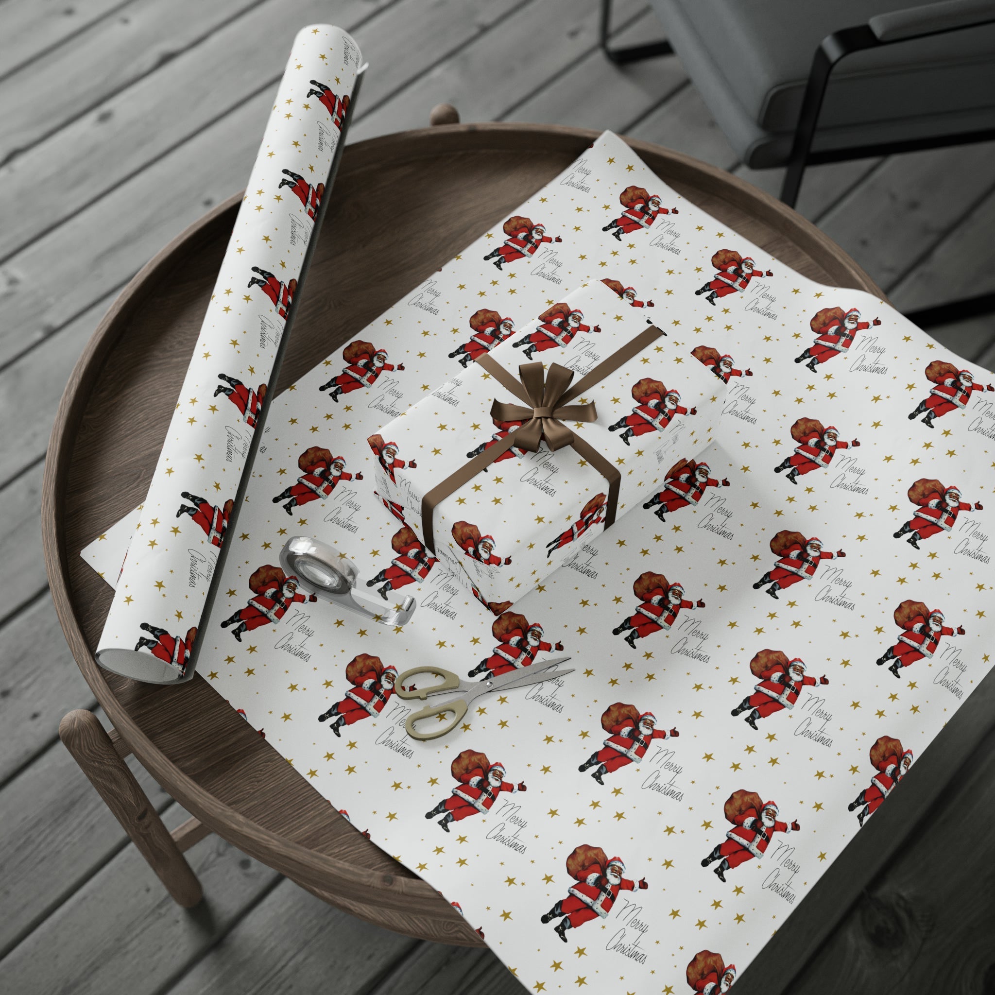Merry Christmas Diverse Black Santa Gold Stars Retro Holiday Gift Wrap Paper - Glossy Or Matte