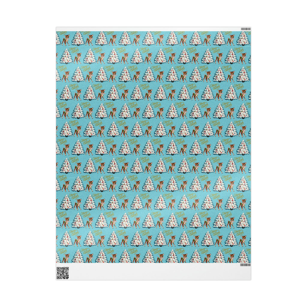 Merry Christmas Reindeer With Candy Cane Tree Blue Mid Century Retro Christmas Print Holiday Gift Wrap Paper - Glossy Or Matte
