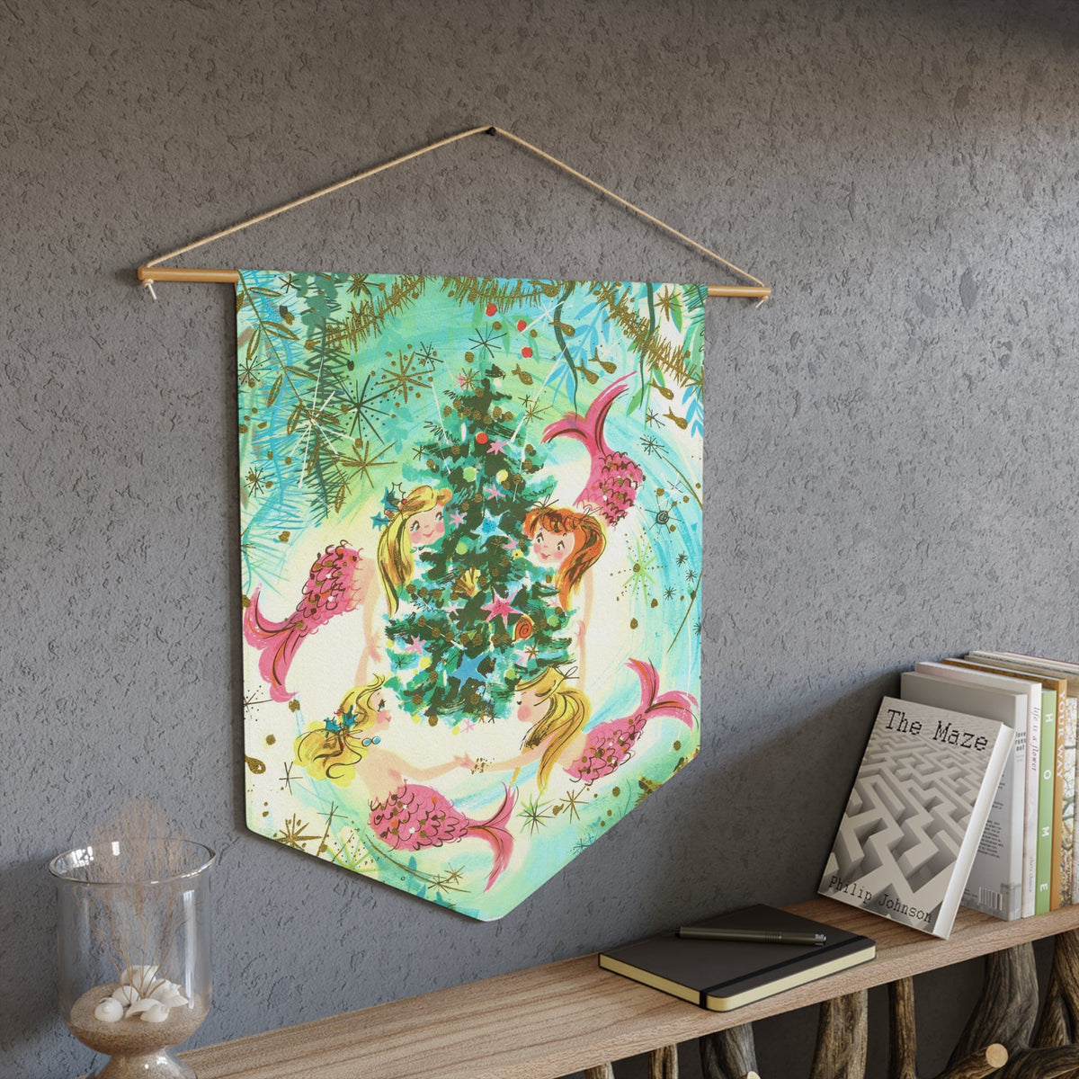 Mermaids Around Christmas Tree Retro Christmas Print Wall Hanging Banner Flag